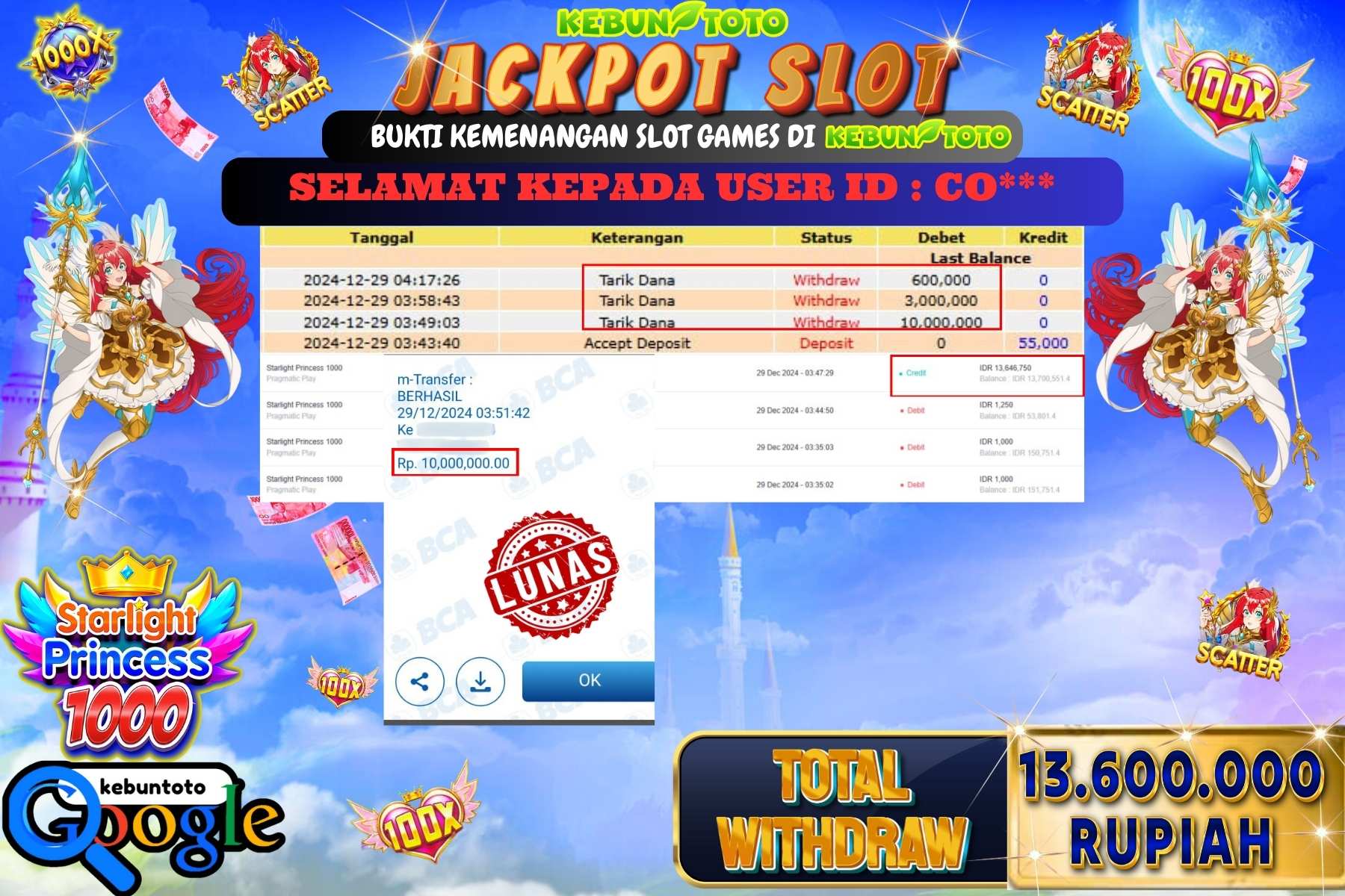 KEBUNTOTO JACKPOT SLOT STARLIGHT PRINCESS 1000 , Sebesar Rp.13.600.000,- LUNAS