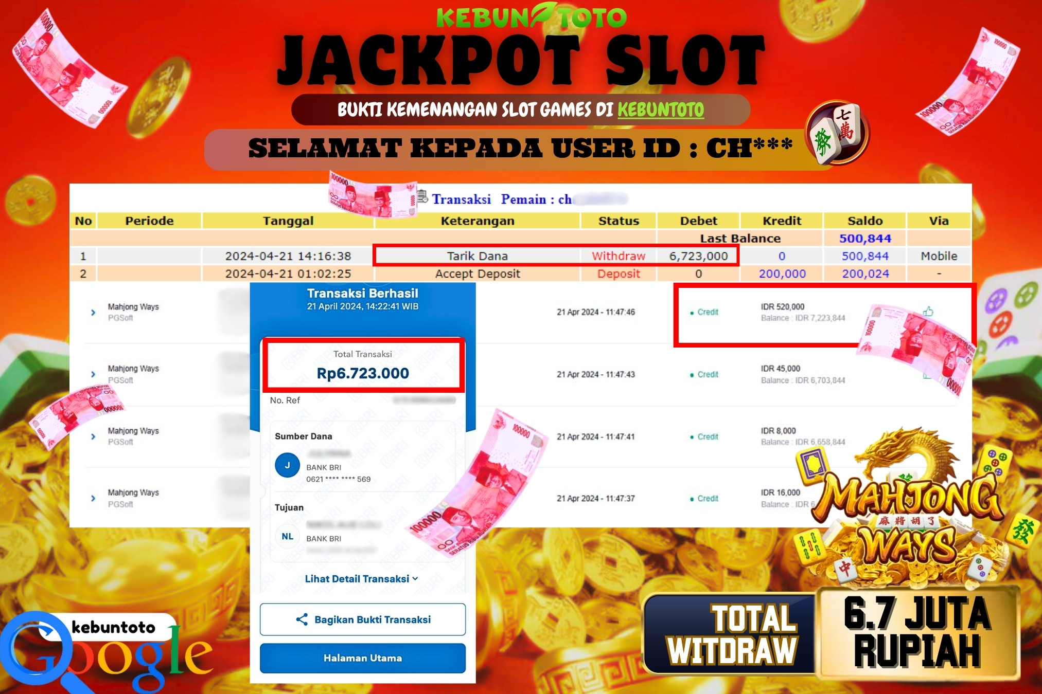 KEBUNTOTO JACKPOT SLOT MAHJONG WAYS Rp.6.723.000,- LUNAS