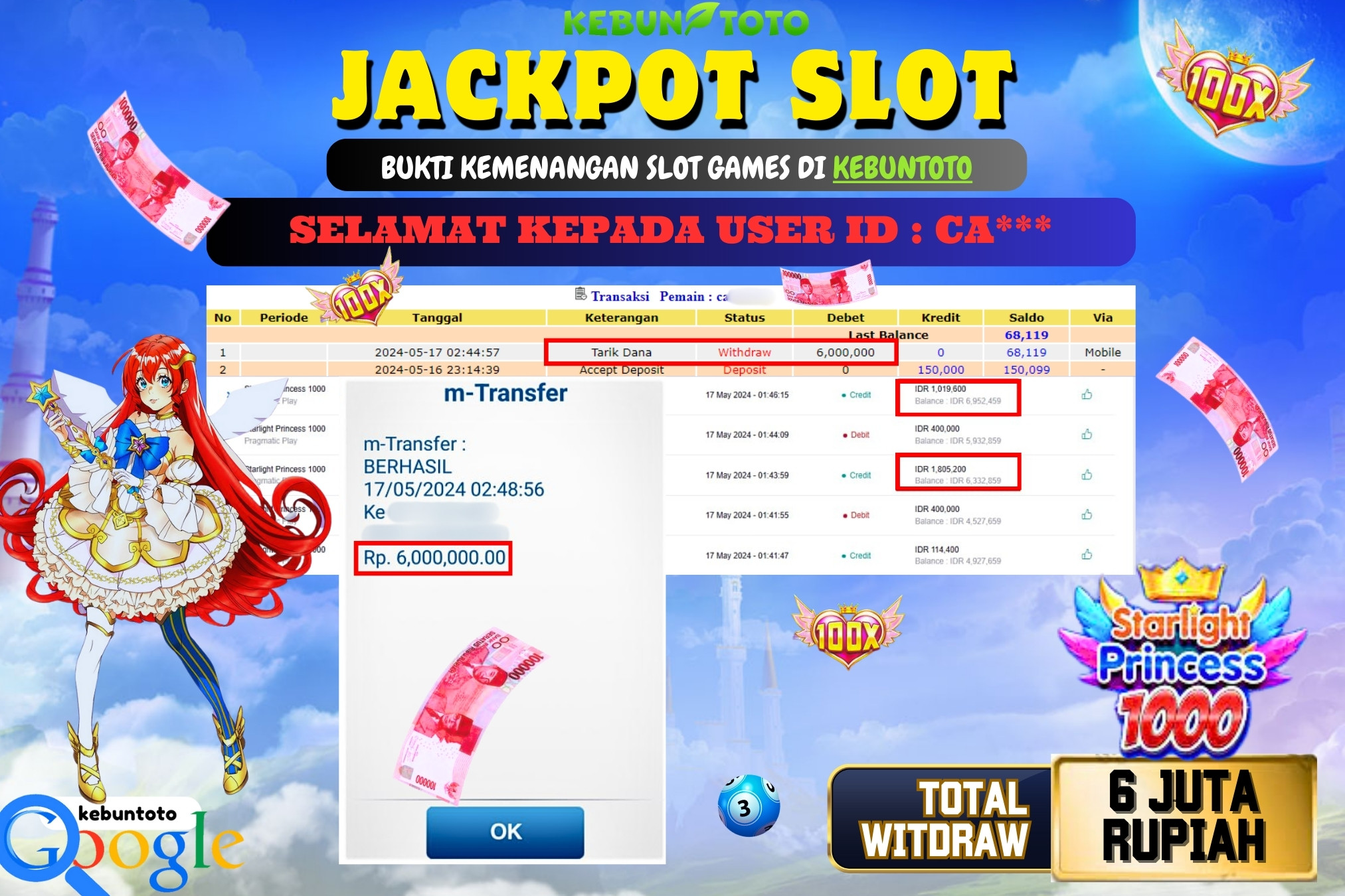 KEBUNTOTO JACKPOT SLOT STARLIGHT PRINCESS 1000 Rp.6.000.000,- LUNAS