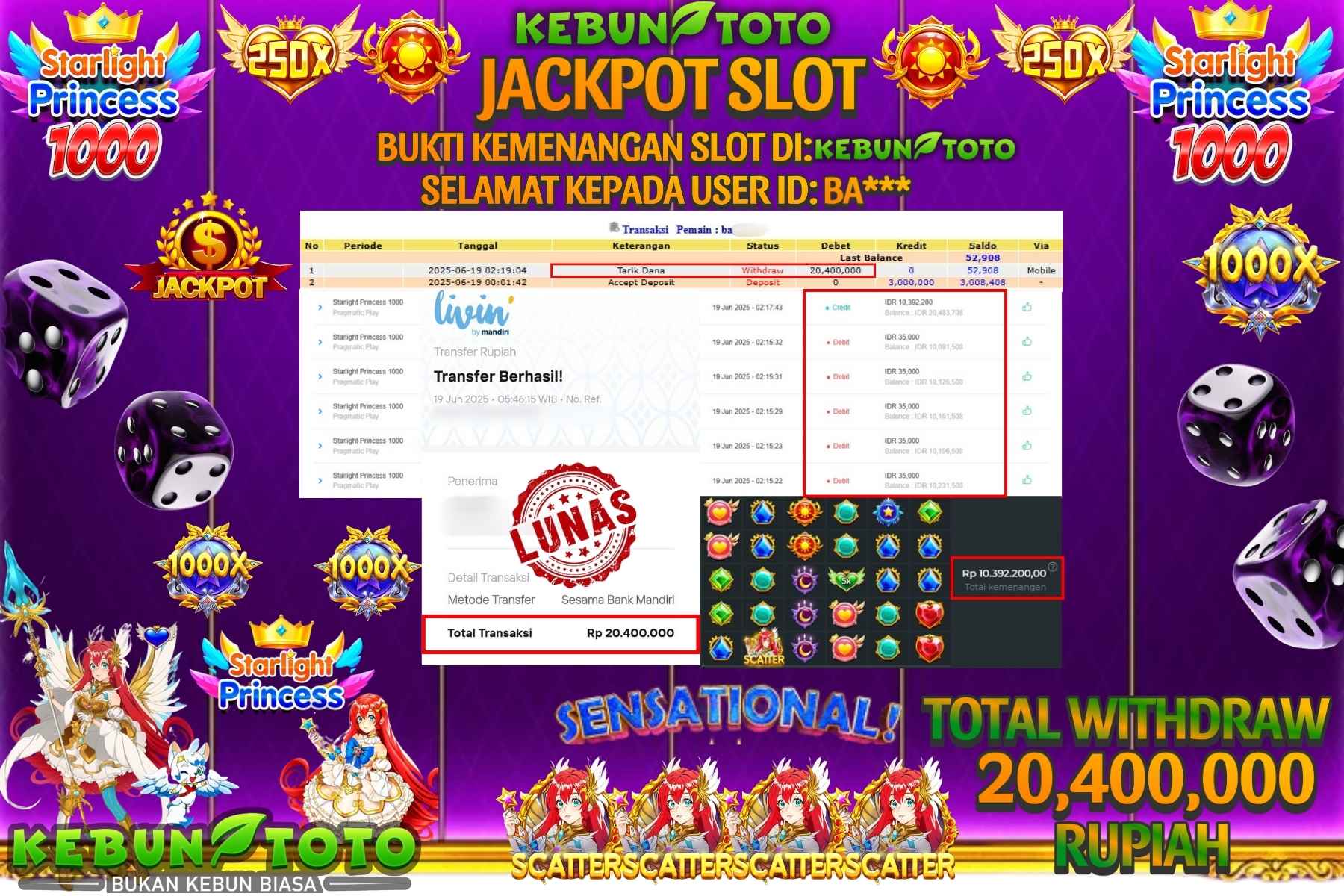Bukti Kemenangan Rp 20.400.000 SLOT STARLIGHT PRINCESS 1000 di KEBUNTOTO!
