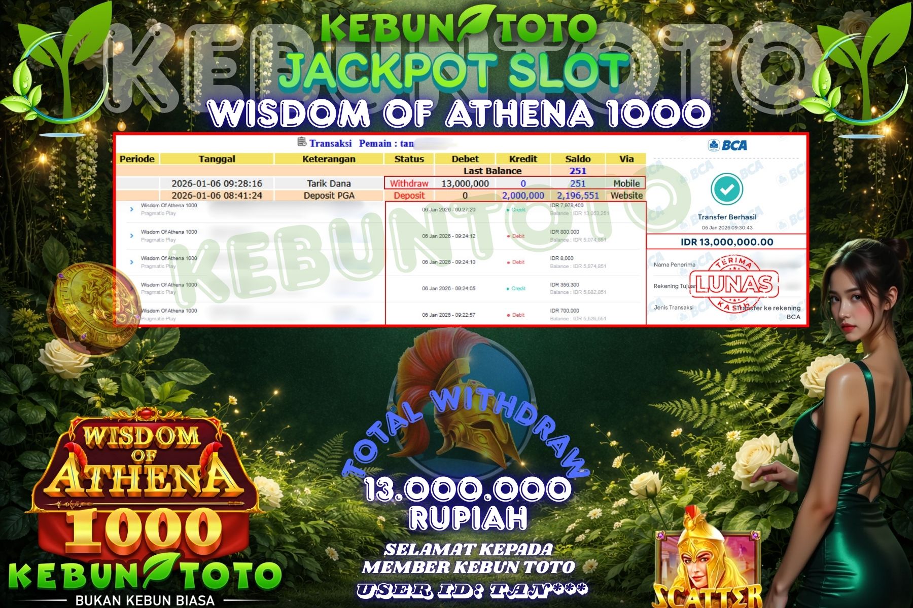 Bukti Kemenangan Rp 13.000.000 SLOT WISDOM OF ATHENA 1000 di KEBUNTOTO!