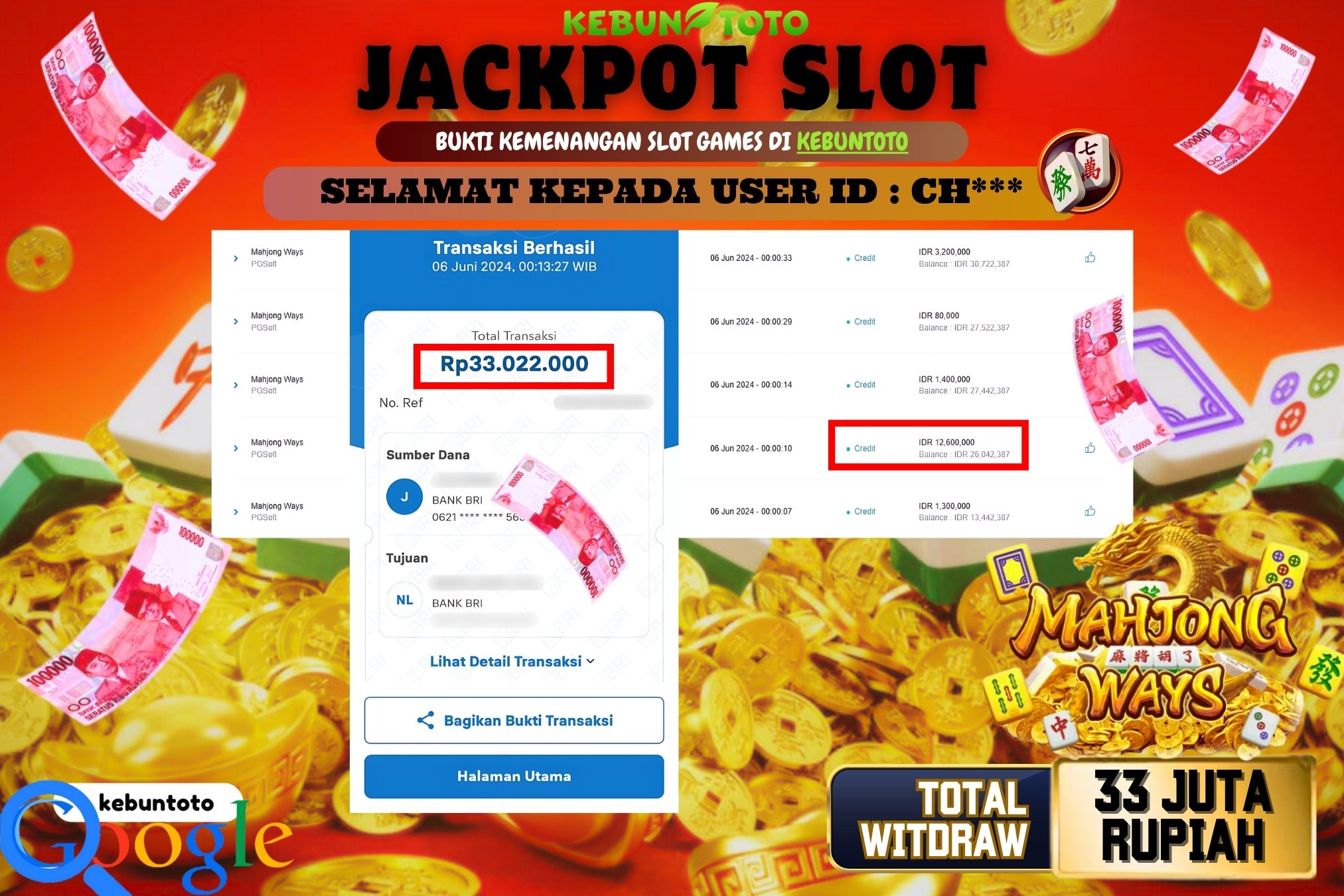 KEBUNTOTO JACKPOT SLOT MAHJONG WAYS Rp.33.022.000,- LUNAS