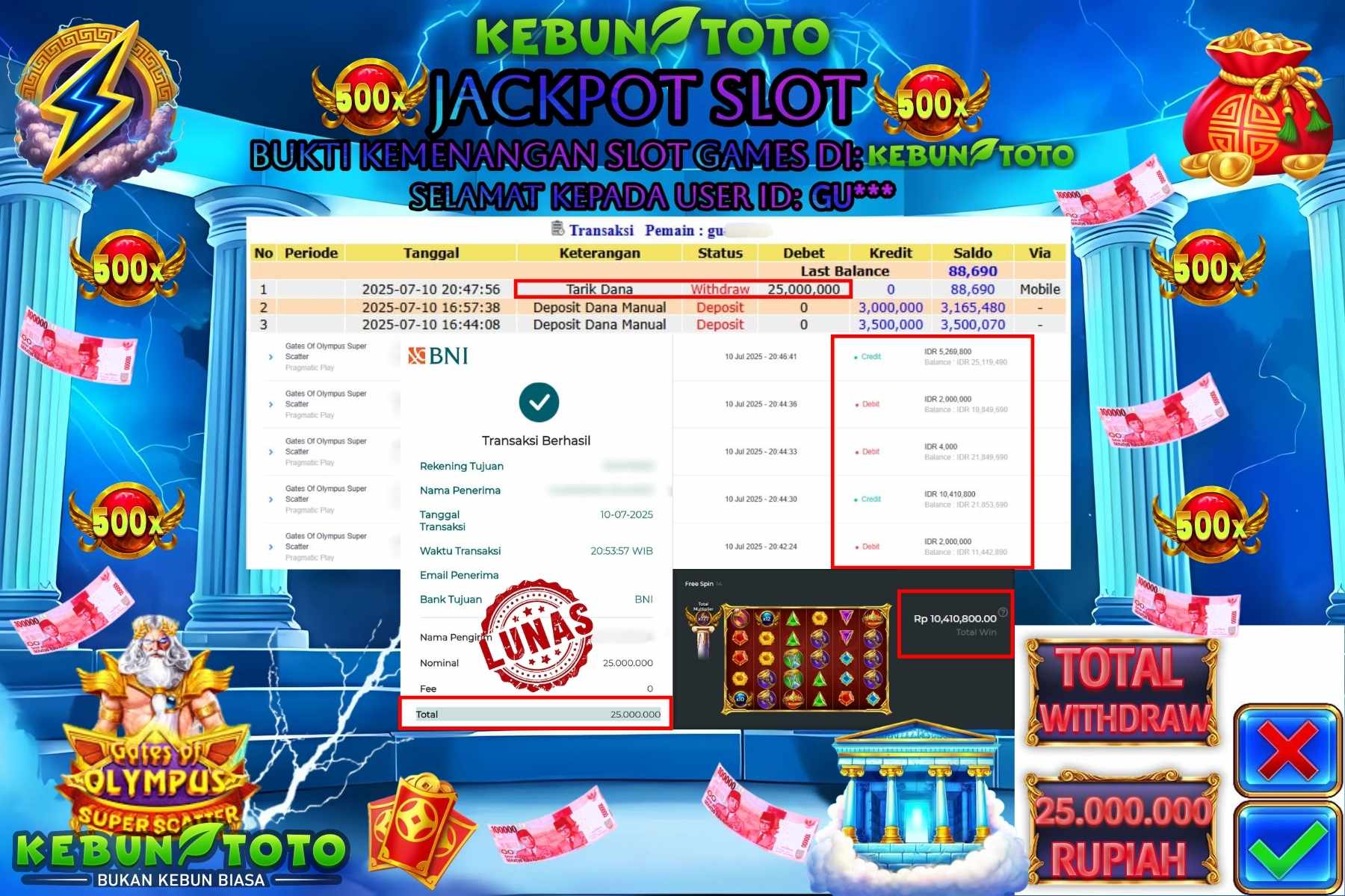 Bukti Kemenangan Rp 25.000.000 SLOT GATES OF OLYMPUS SUPER SCATTER di KEBUNTOTO!