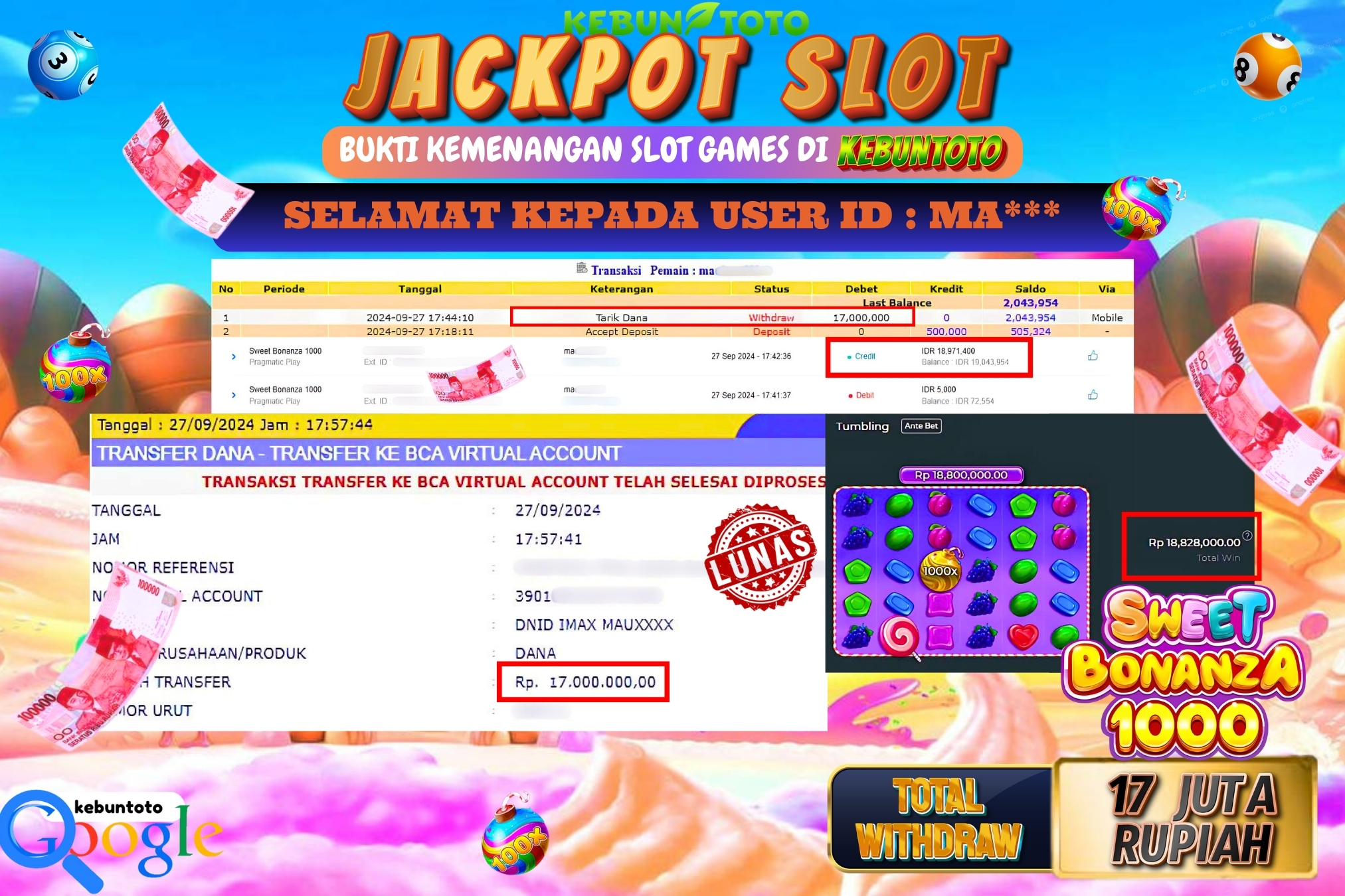 KEBUNTOTO JACKPOT SLOT SWEET BONANZA 1000 Rp.17.000.000,- LUNAS
