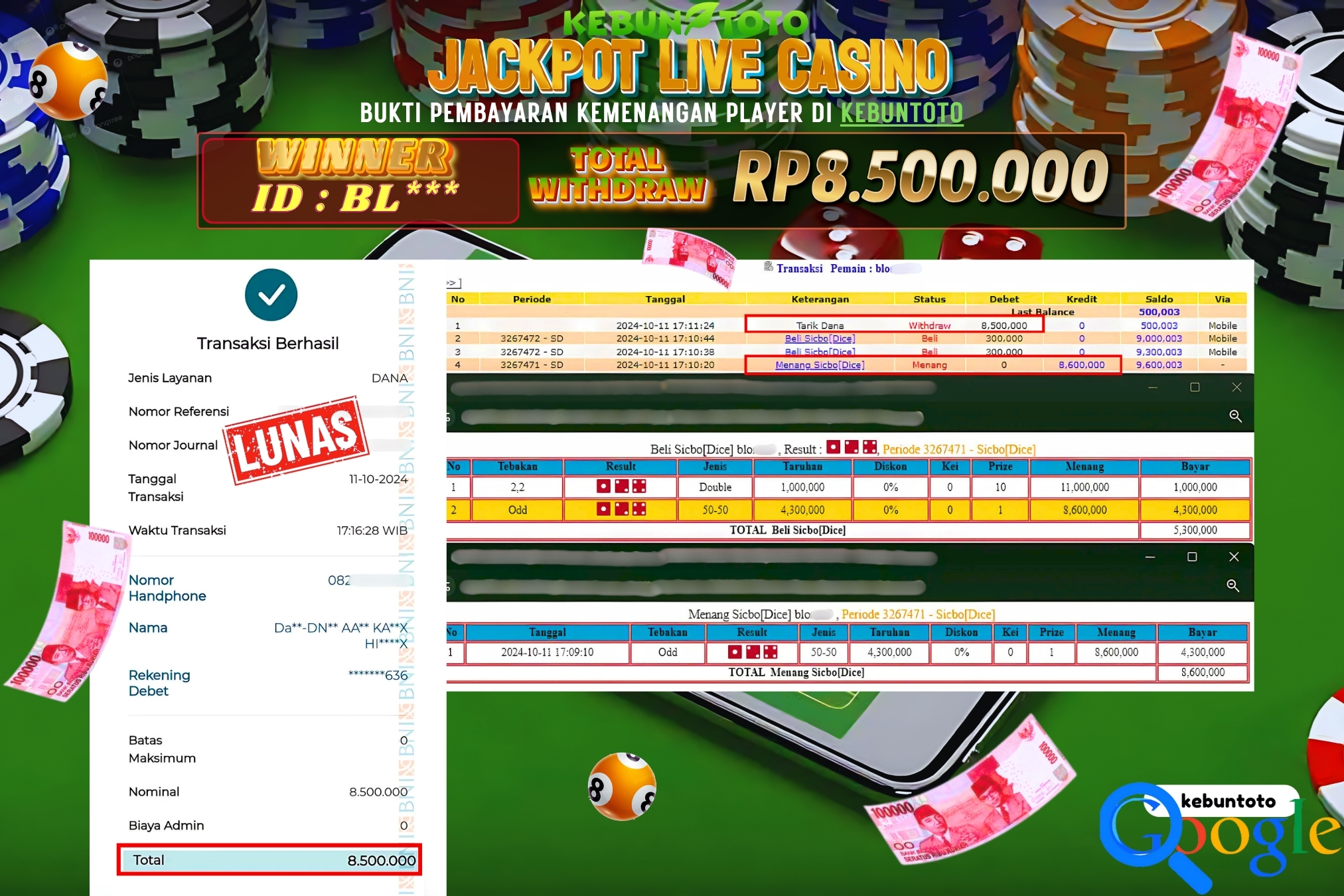 KEBUNTOTO JACKPOT LIVE CASINO SICBO DICE Rp.8.500.000,- LUNAS