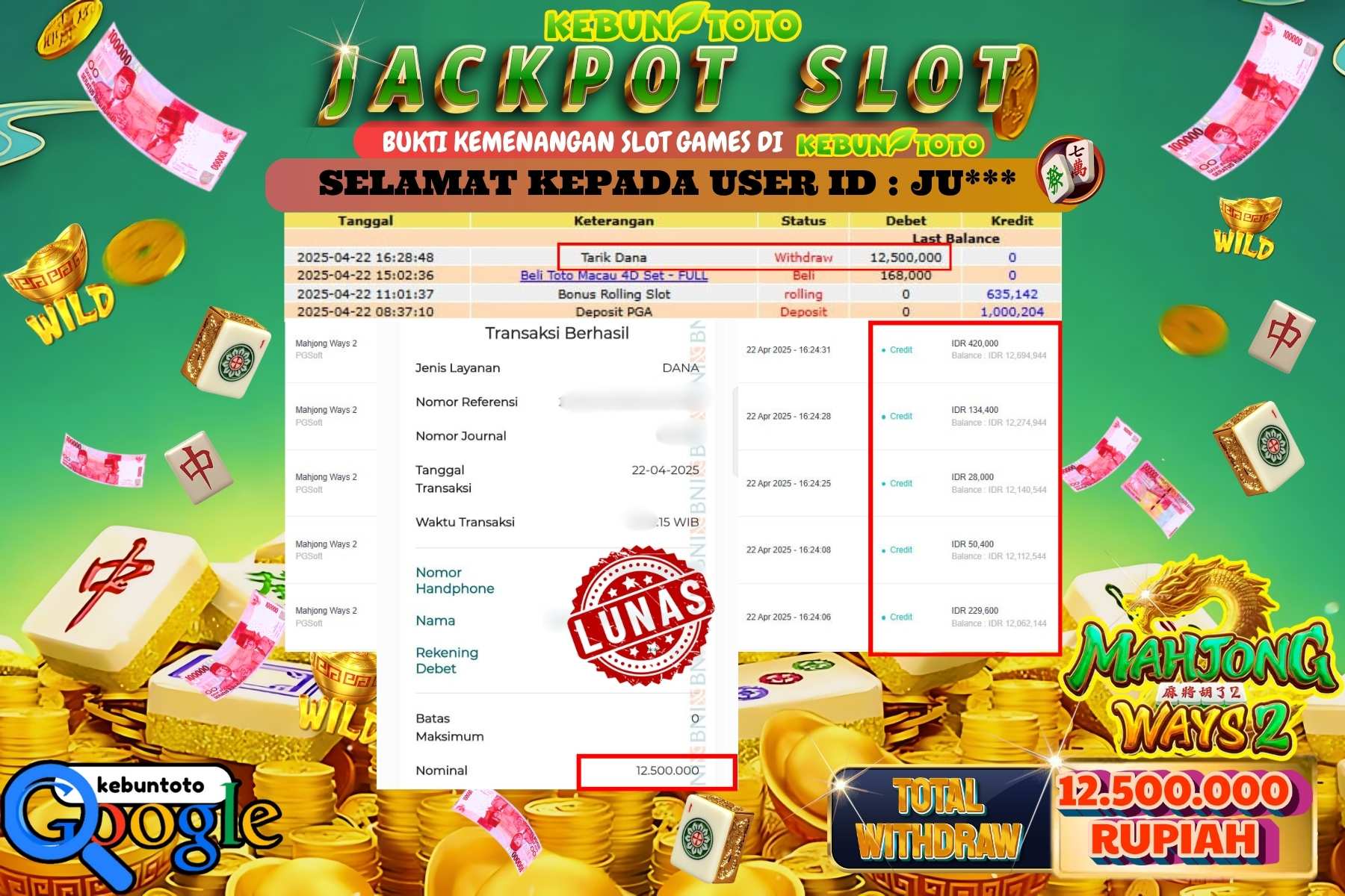 KEBUNTOTO JACKPOT, SLOT MAHJONG WAYS 2 Rp 12.500.000,- LUNAS