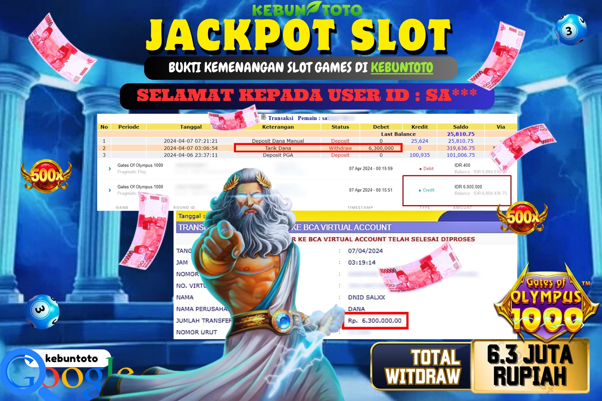 KEBUNTOTO JACKPOT SLOT GATES OF OLYMPUS 1000 Rp.6.300.000,- LUNAS
