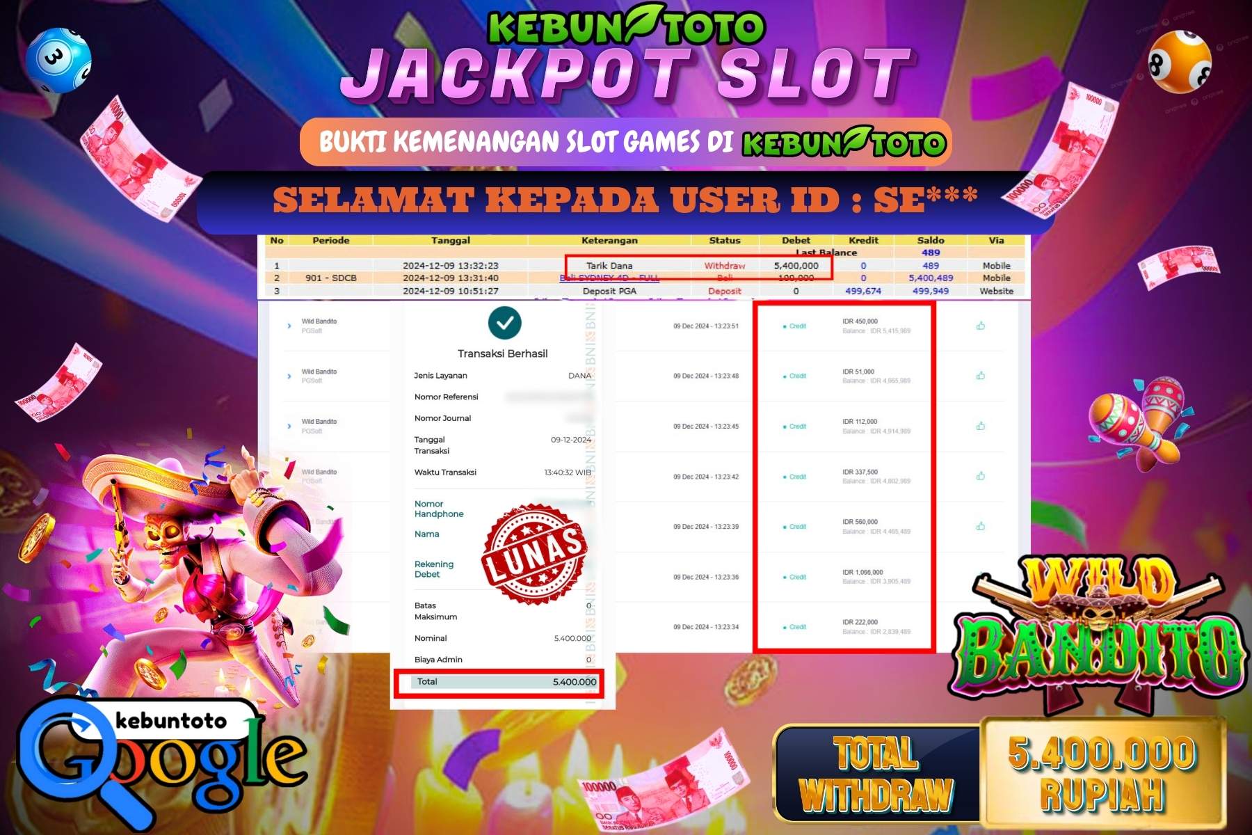 KEBUNTOTO JACKPOT SLOT WILD BANDITO  , Sebesar Rp.5.400.000,- LUNAS