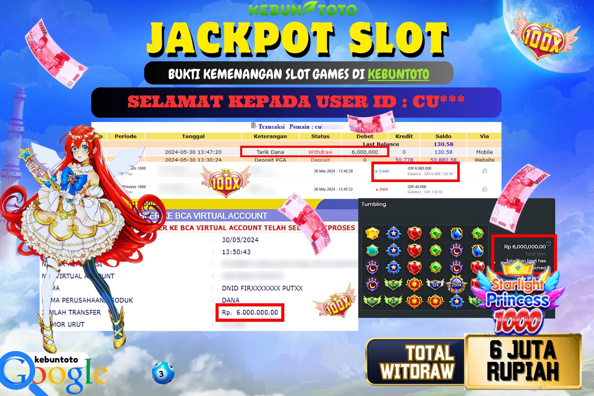 KEBUNTOTO JACKPOT SLOT STARLIGHT PRINCESS 1000 Rp.6.000.000,- LUNAS
