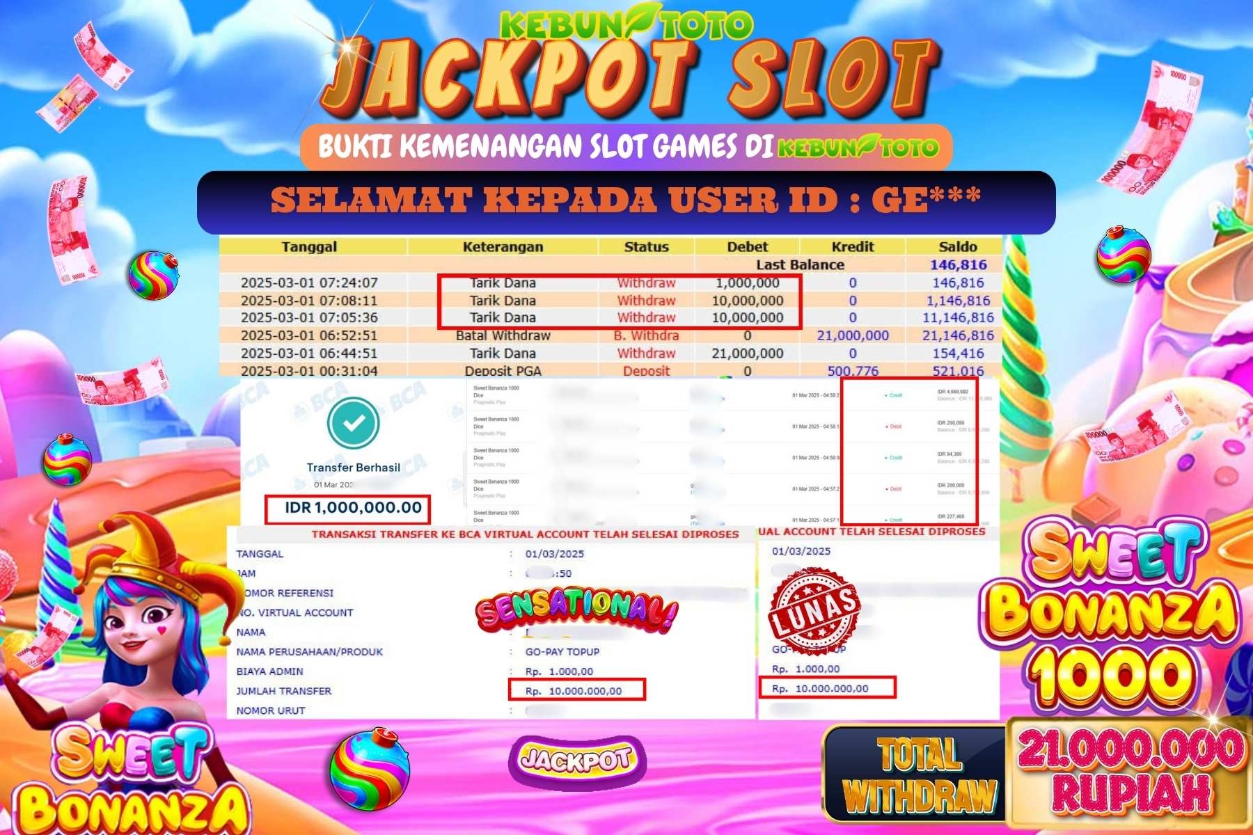 KEBUNTOTO JACKPOT, SLOT SWEET BONANZA 1000 Sebesar Rp 21.000.000,- LUNAS
