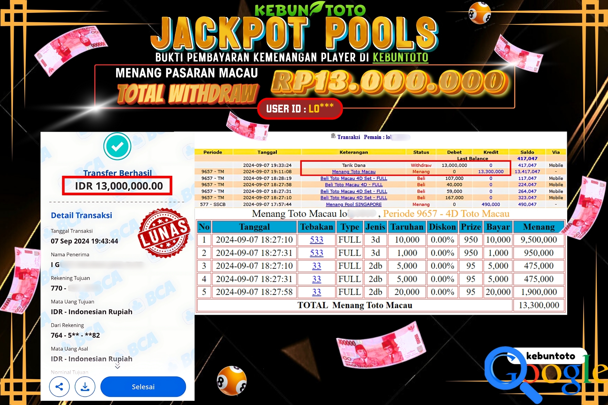 KEBUNTOTO JACKPOT TOGEL PASARAN MACAU Rp.13.000.000,- LUNAS