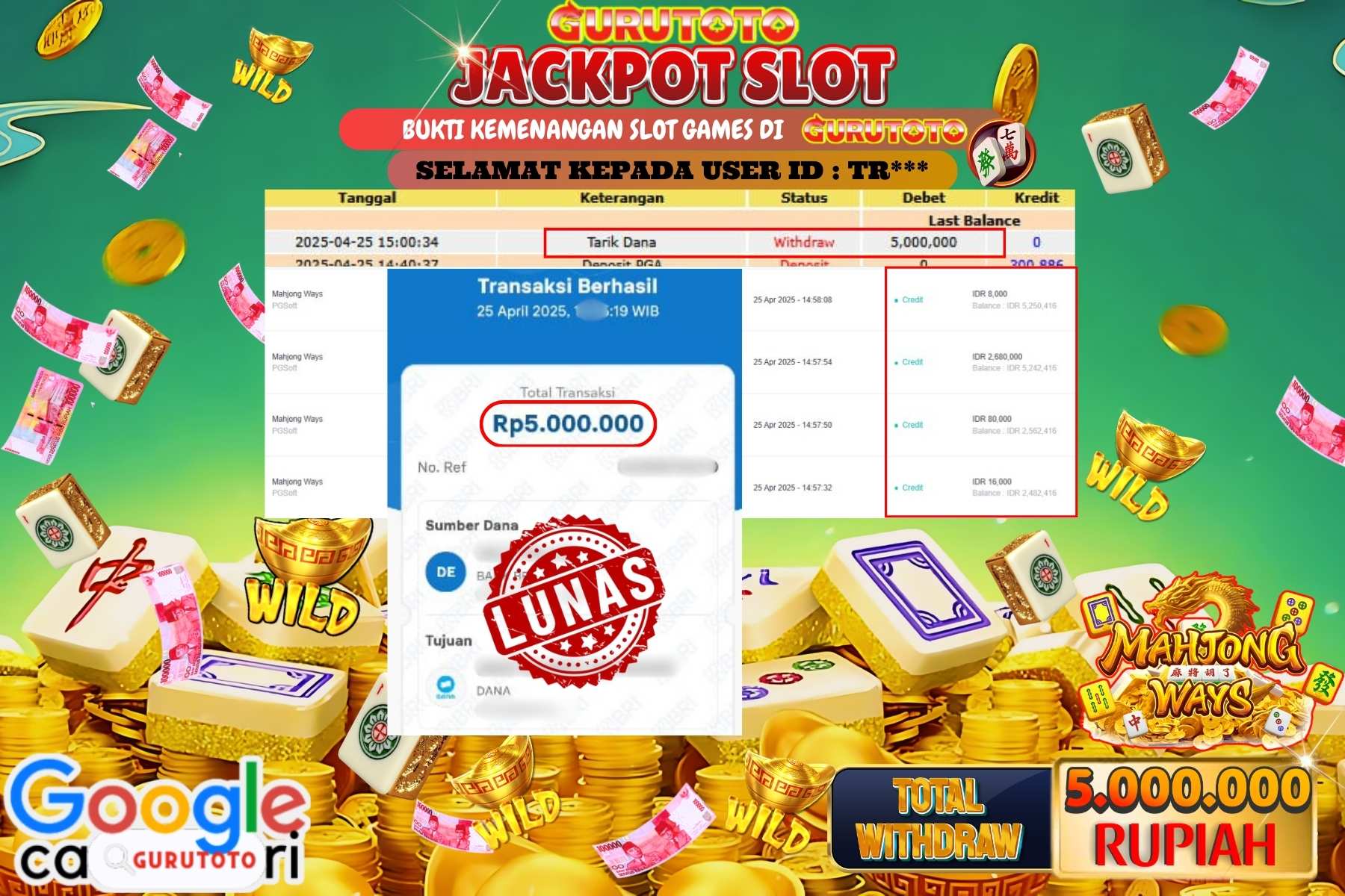 GURUTOTO JACKPOT, SLOT MAHJONG WAYS, Sebesar Rp 5.000.000,- LUNAS