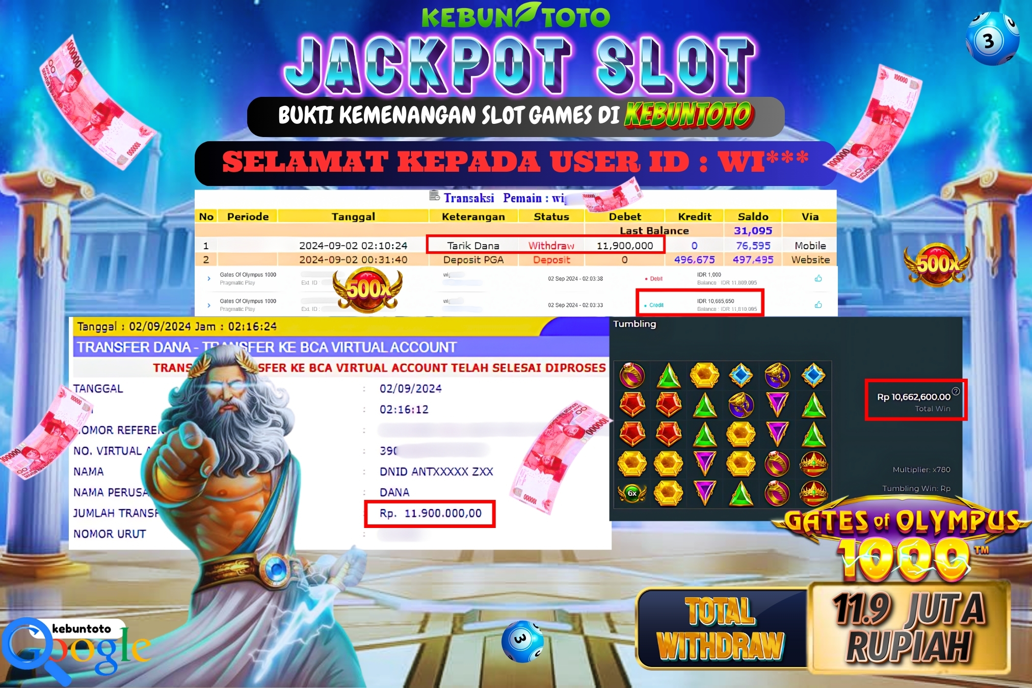 KEBUNTOTO JACKPOT SLOT GATES OF OLYMPUS 1000 Rp.11.900.000,- LUNAS