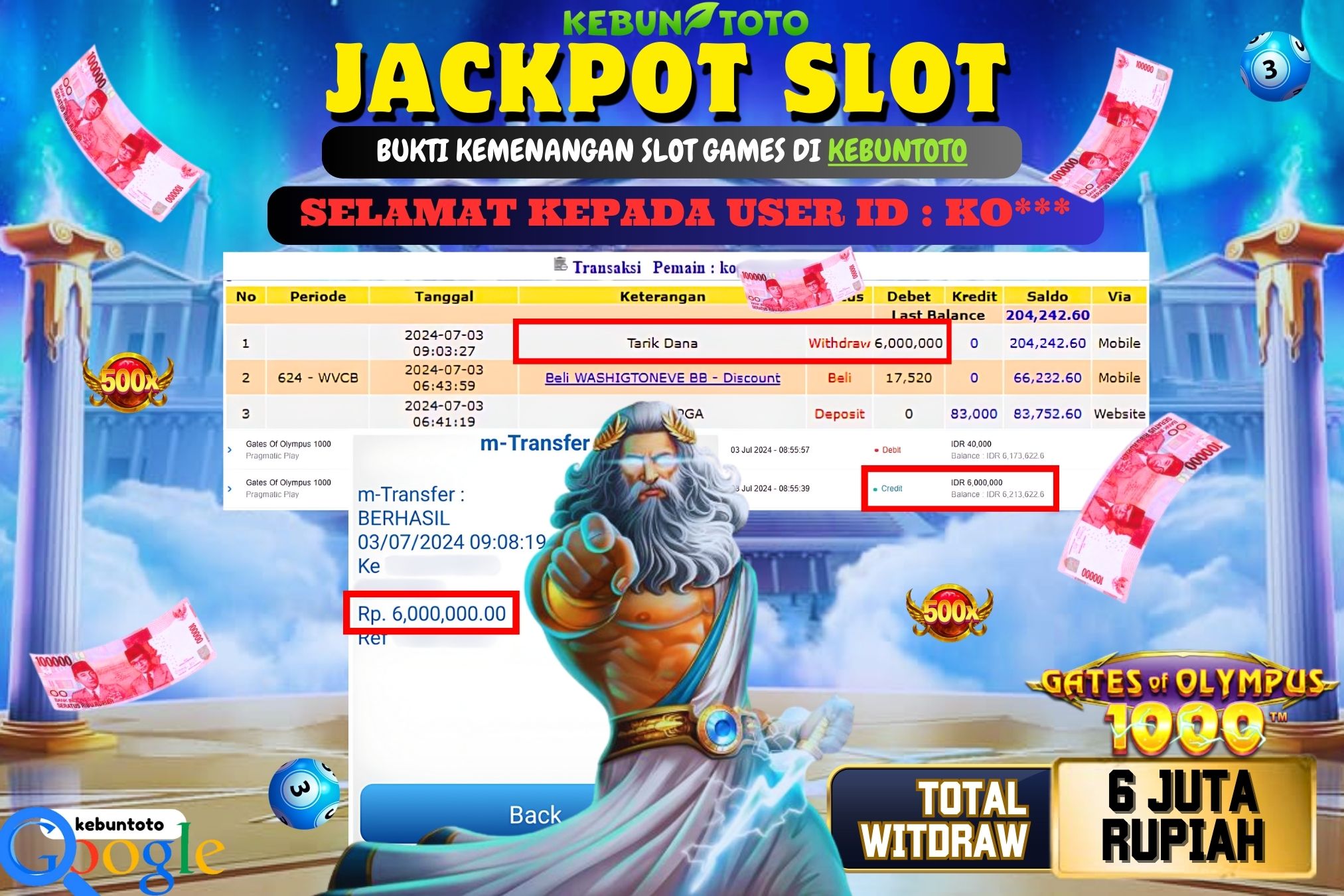 KEBUNTOTO JACKPOT SLOT GATES OF OLYMPUS 1000 Rp.6.000.000,- LUNAS