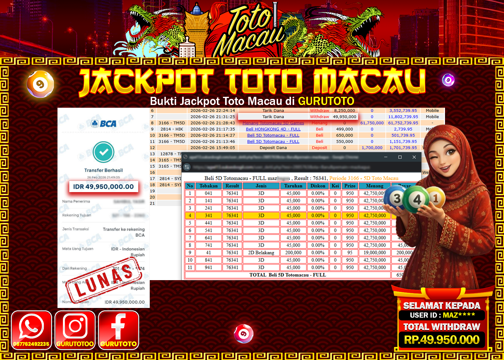 Bukti Kemenangan Rp 49.950.000 TOTO MACAU di GURUTOTO !