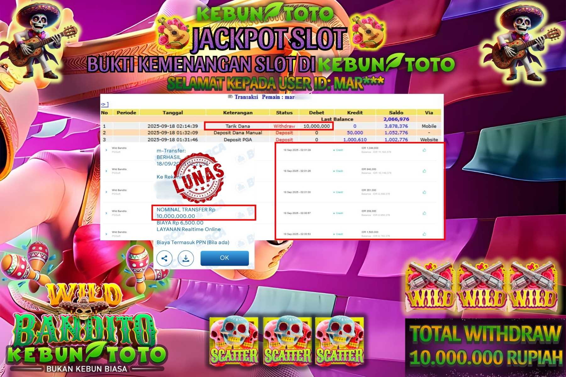 Bukti Kemenangan Rp 10.000.000 SLOT WILD BANDITO di KEBUNTOTO!