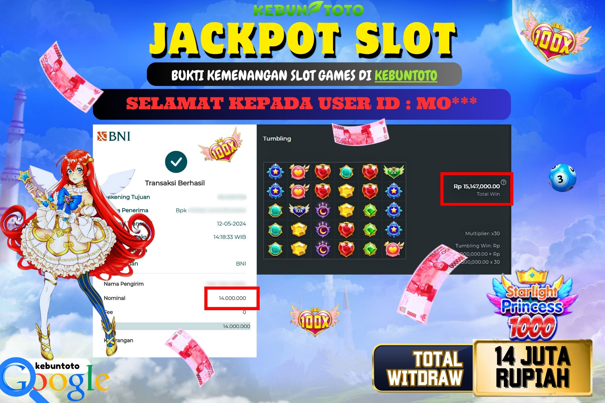 KEBUNTOTO JACKPOT SLOT STARLIGHT PRINCESS 1000 Rp.14.000.000,- LUNAS