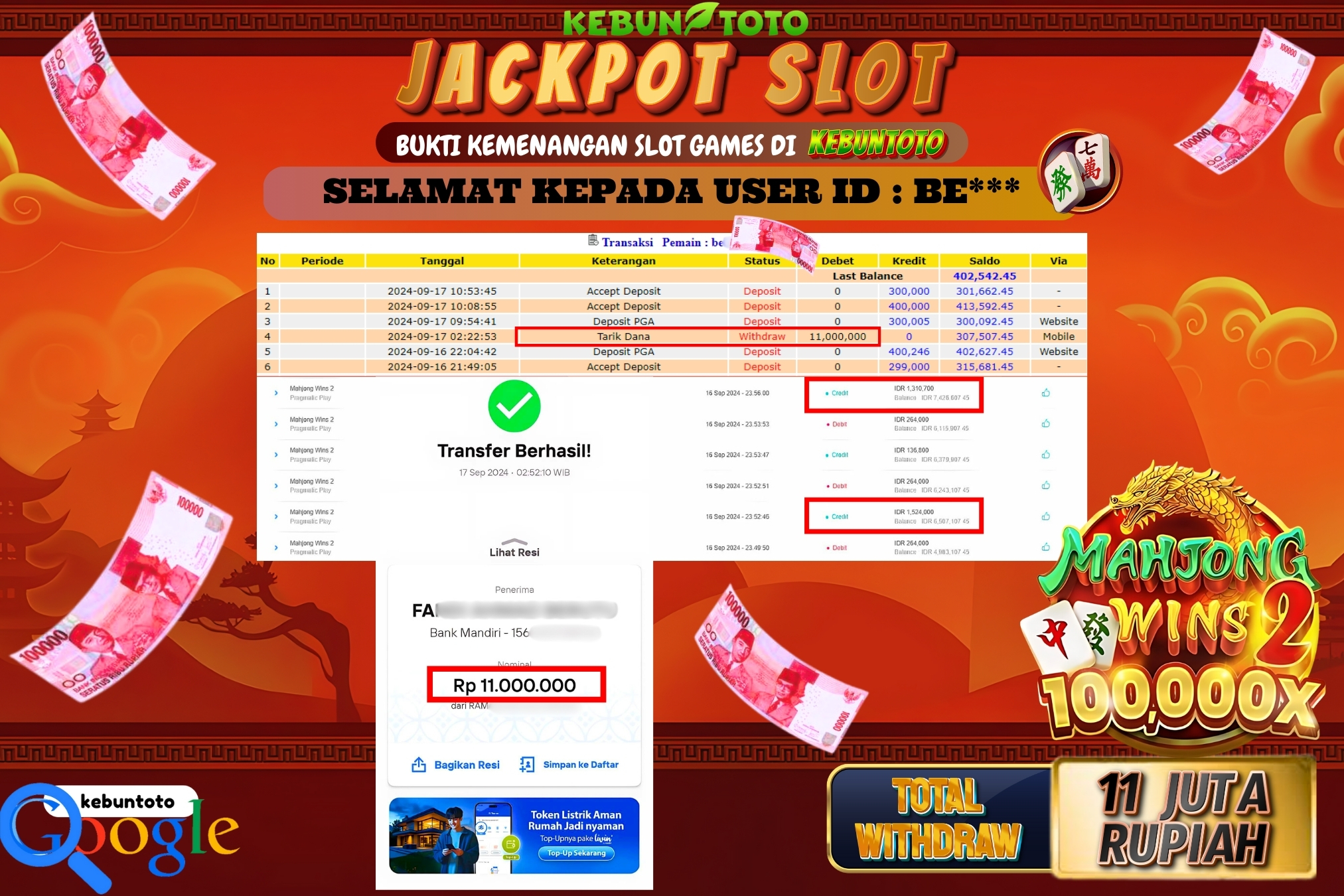 KEBUNTOTO JACKPOT SLOT MAHJONG WINS 2 Rp.11.000.000,- LUNAS