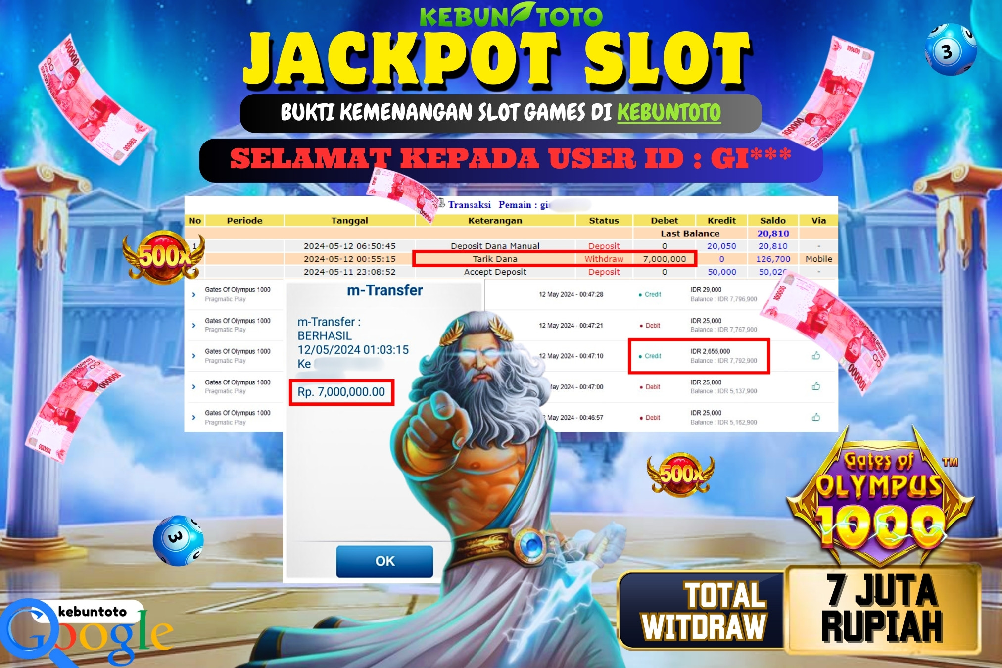 KEBUNTOTO JACKPOT SLOT GATES OF OLYMPUS 1000 Rp.7.000.000,- LUNAS