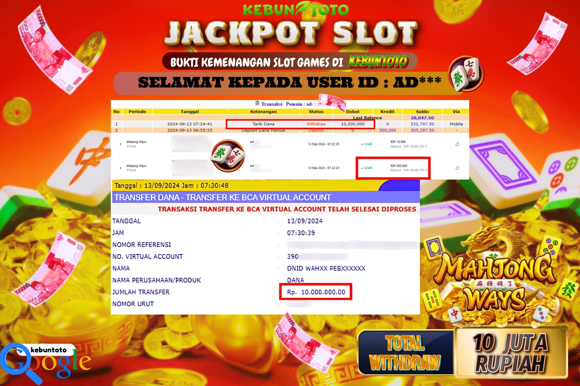 KEBUNTOTO JACKPOT SLOT MAHJONG WAYS Rp.10.000.000,- LUNAS