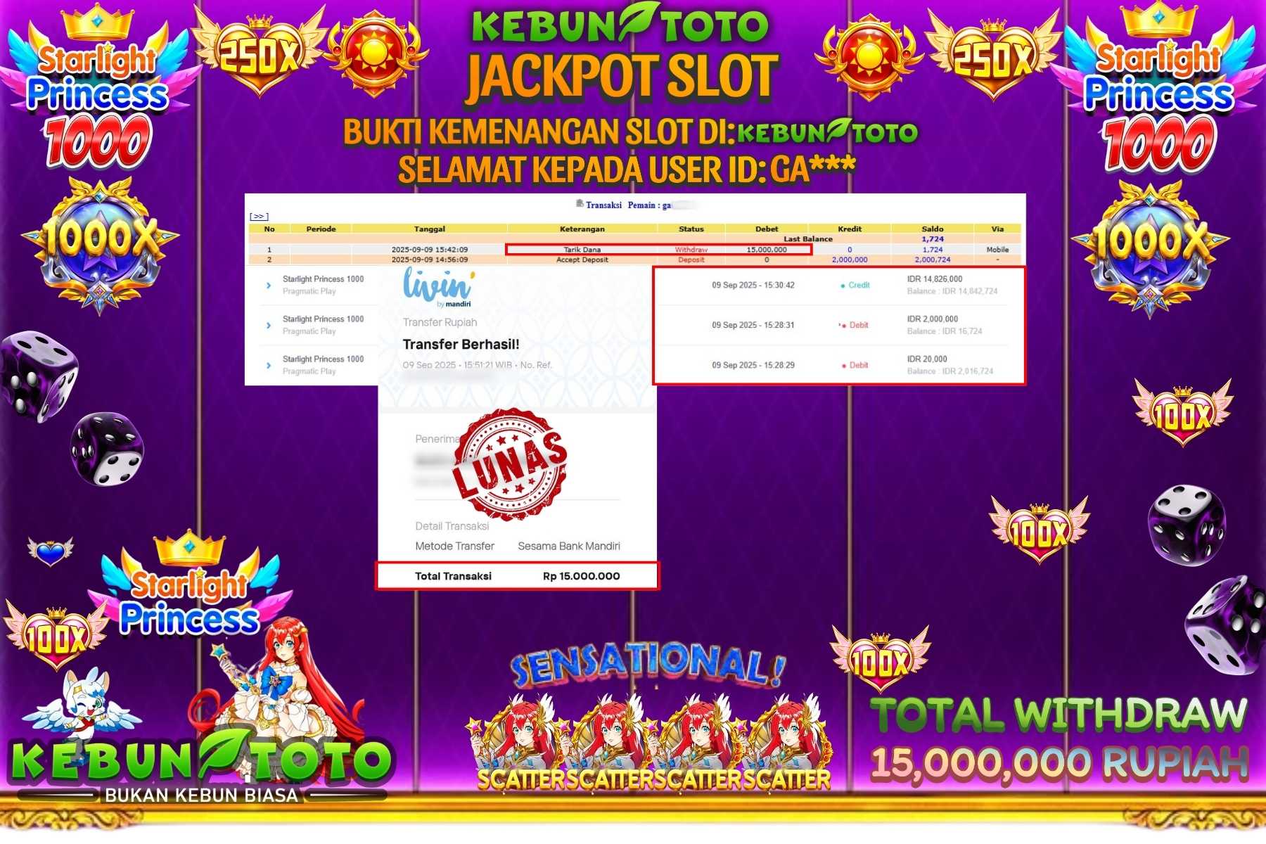 Bukti Kemenangan Rp 15.000.000 SLOT STARLIGHT PRINCESS 1000 di KEBUNTOTO!