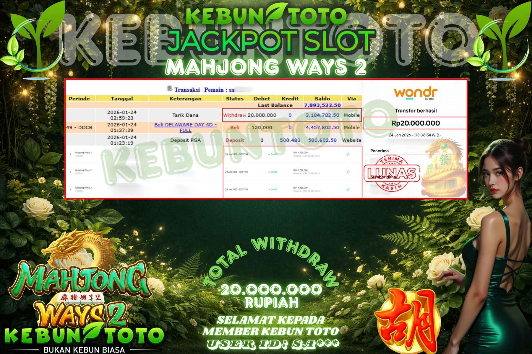 Bukti Kemenangan Rp 20.000.000 SLOT MAHJONG WAYS 2 di KEBUNTOTO!