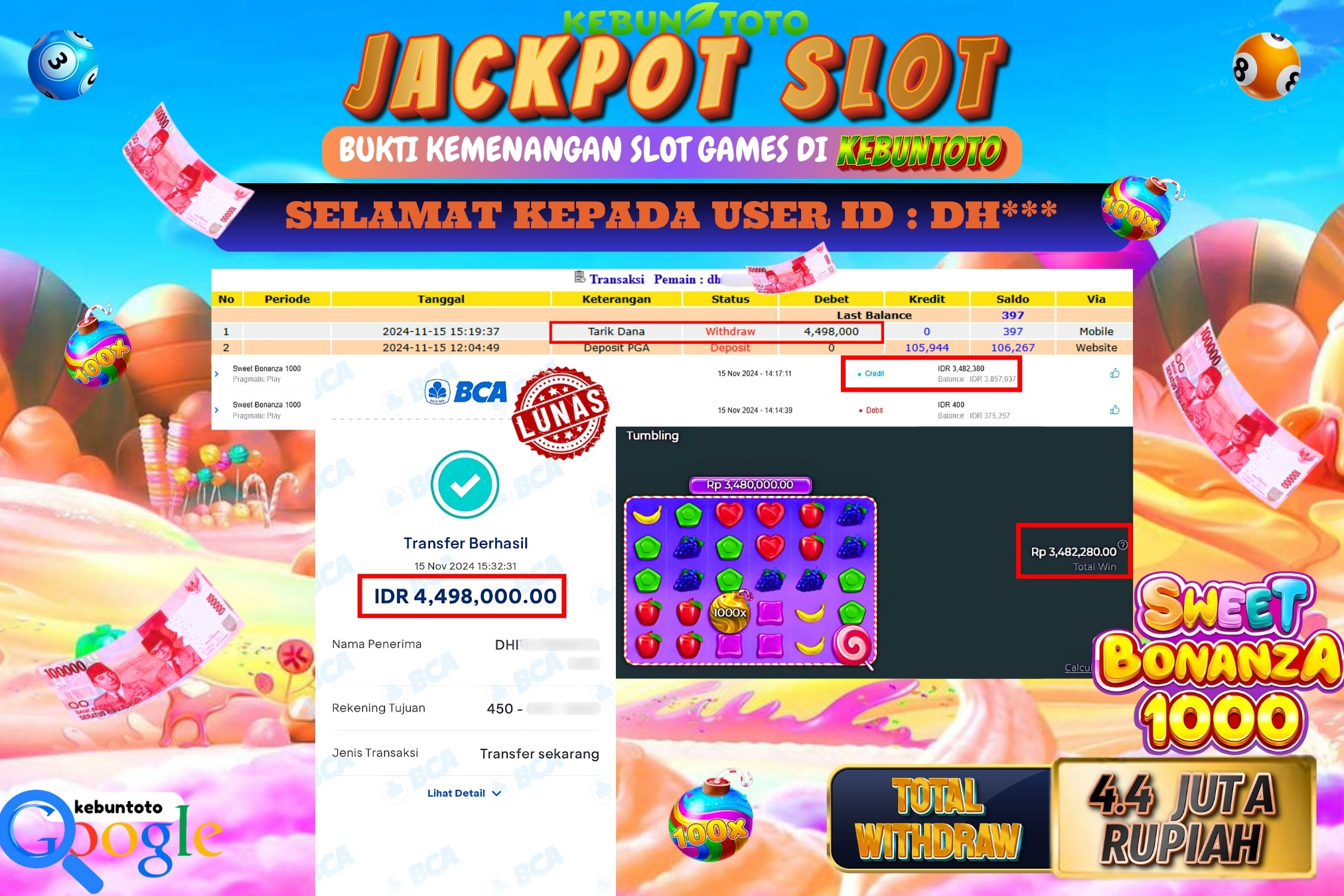 KEBUNTOTO JACKPOT SLOT SWEET BONANZA 1000 Rp.4.498.000,- LUNAS