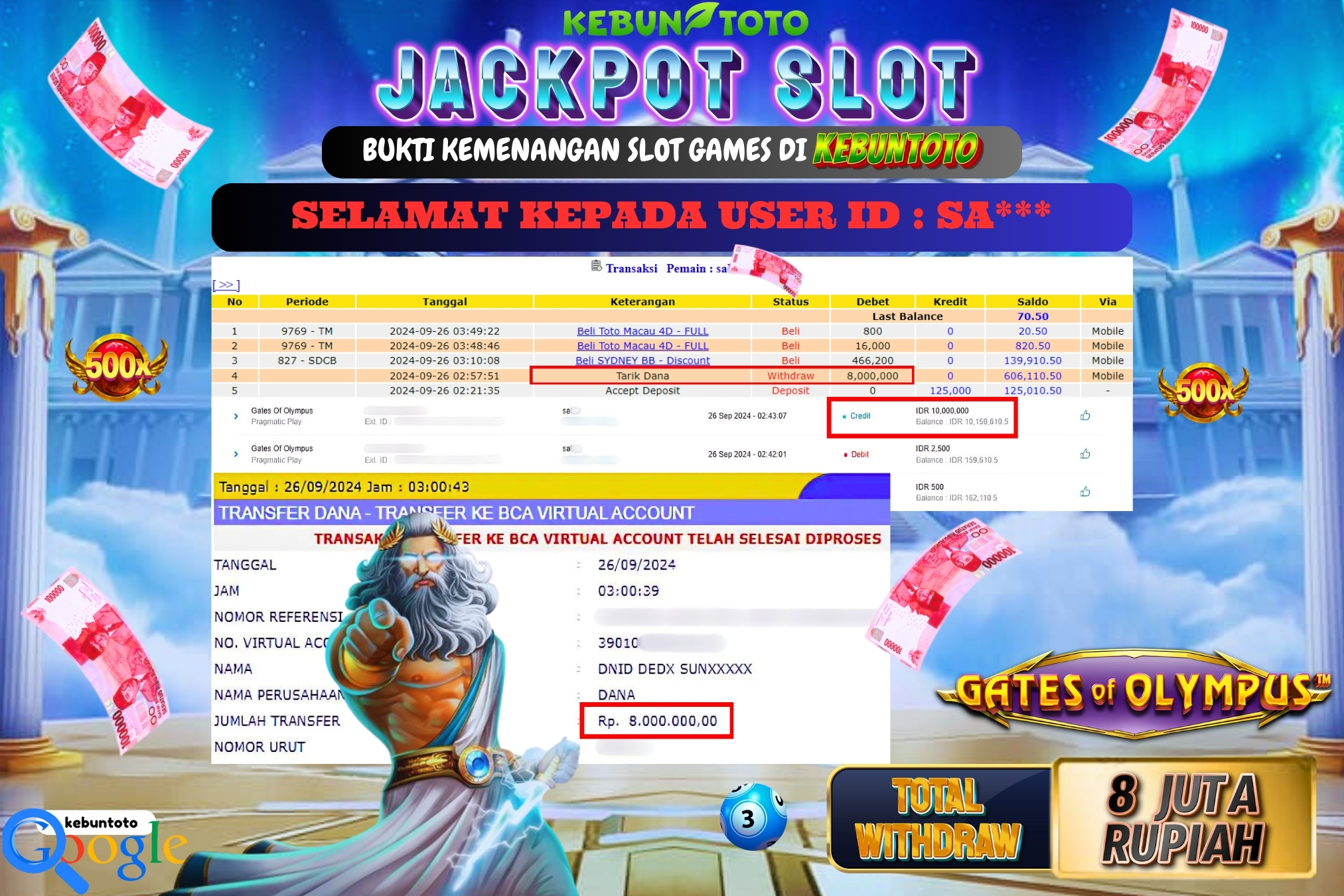 KEBUNTOTO JACKPOT SLOT GATES OF OLYMPUS Rp.8.000.000,- LUNAS