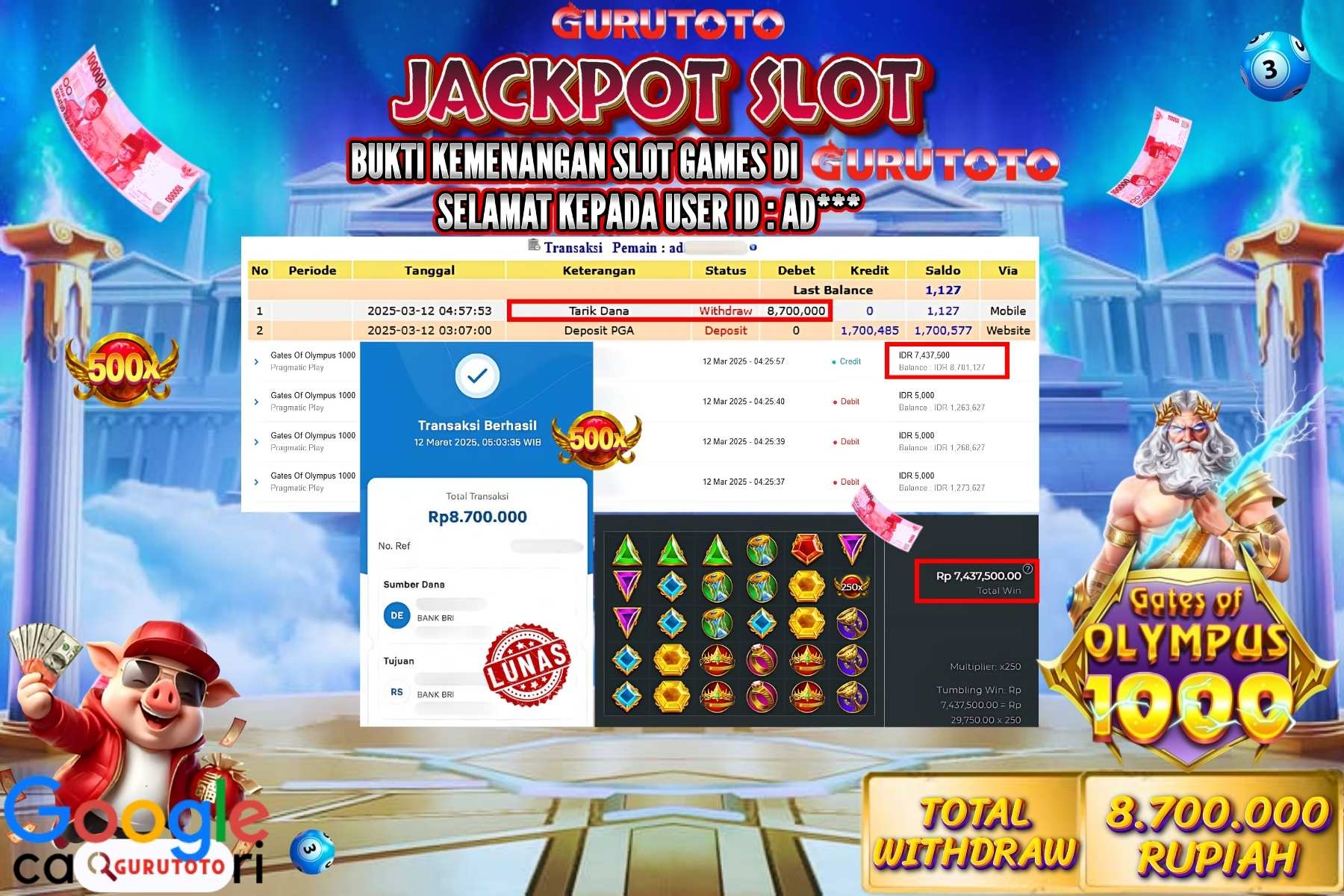 GURUTOTO JACKPOT, GATES OF OLYMPUS 1000, Sebesar Rp 8.700.000,- LUNAS