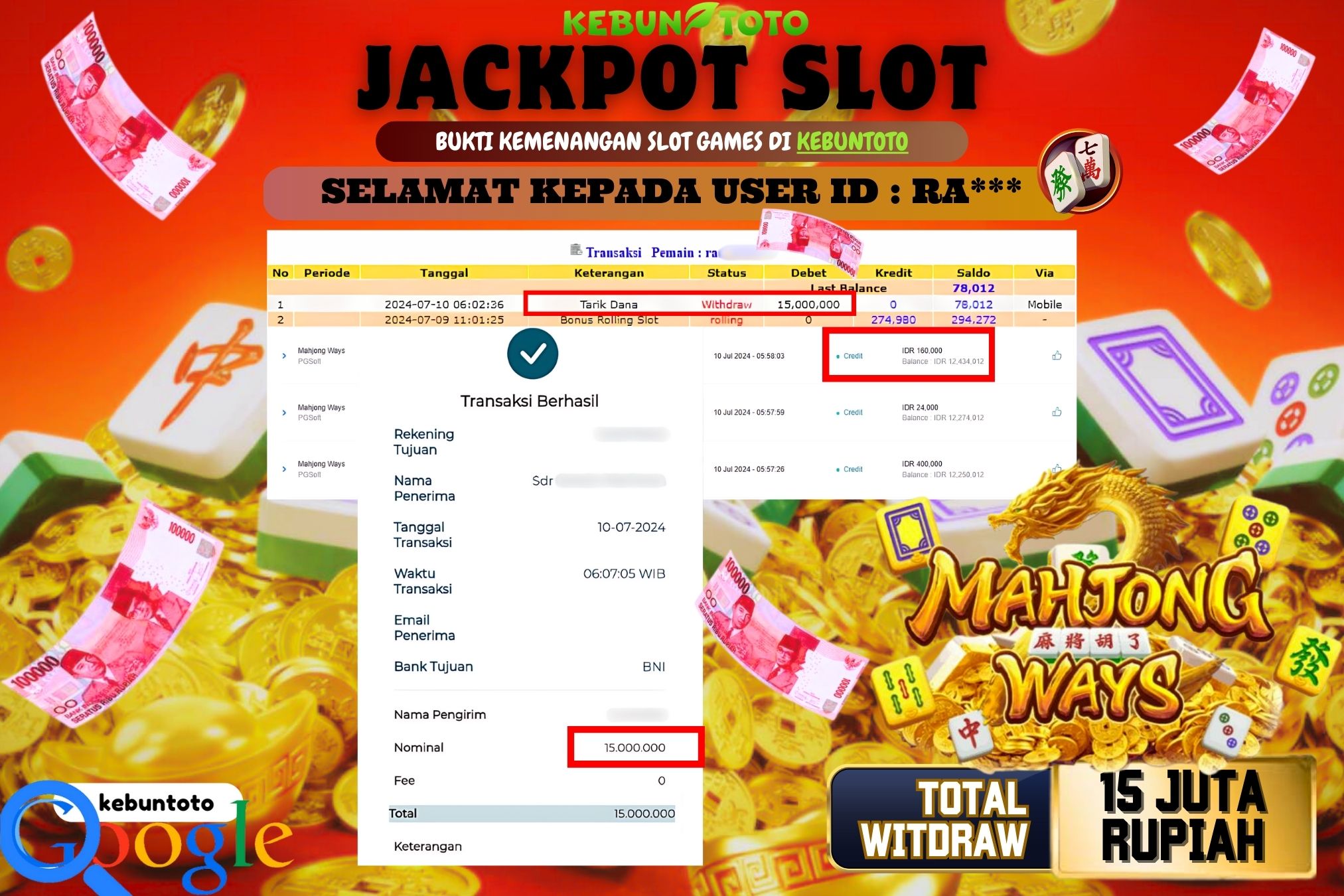 KEBUNTOTO JACKPOT SLOT MAHJONG WAYS Rp.15.000.000,- LUNAS