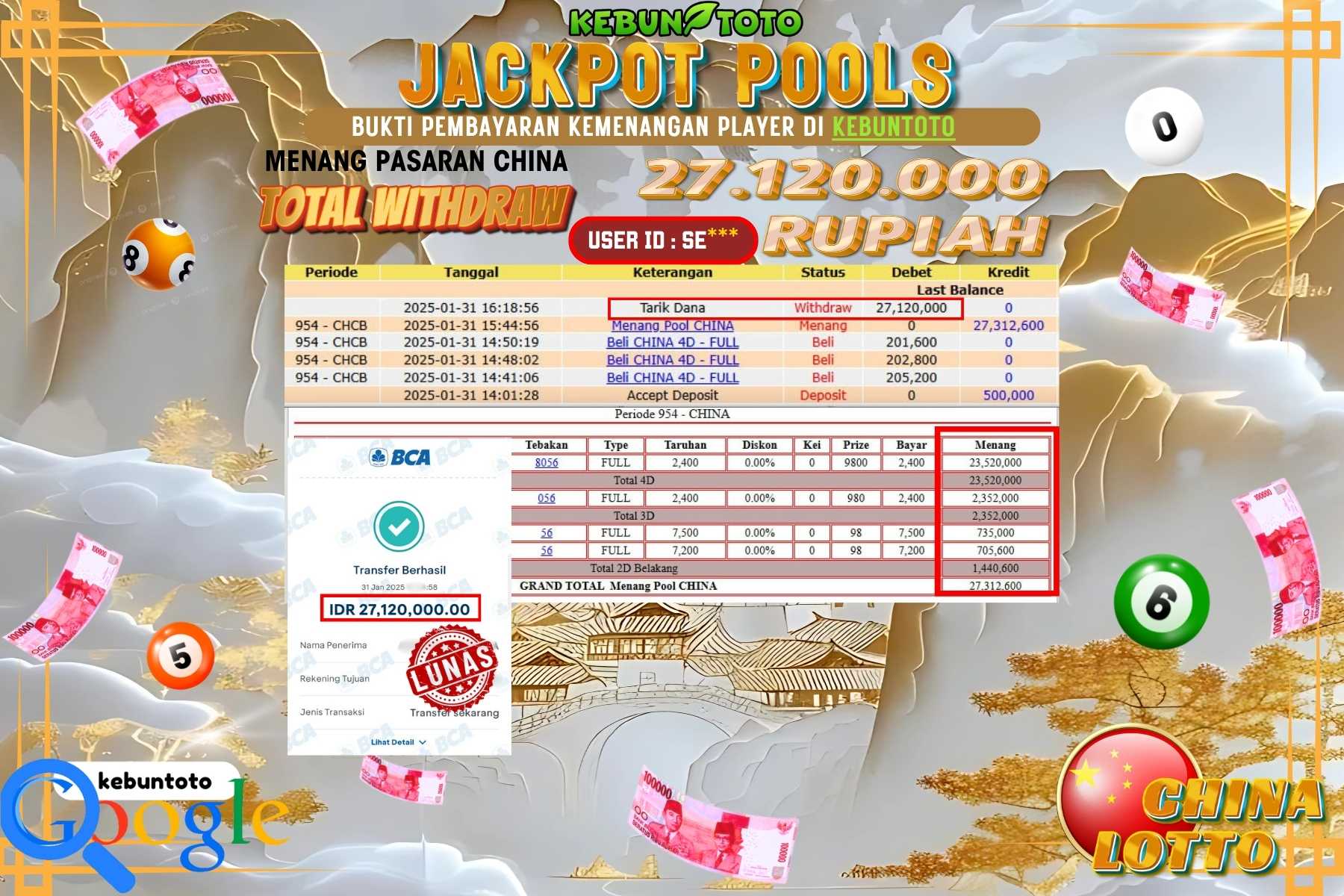 KEBUNTOTO JACKPOT TOTO CHINA POOLS , Sebesar Rp 27.120.000,- LUNAS
