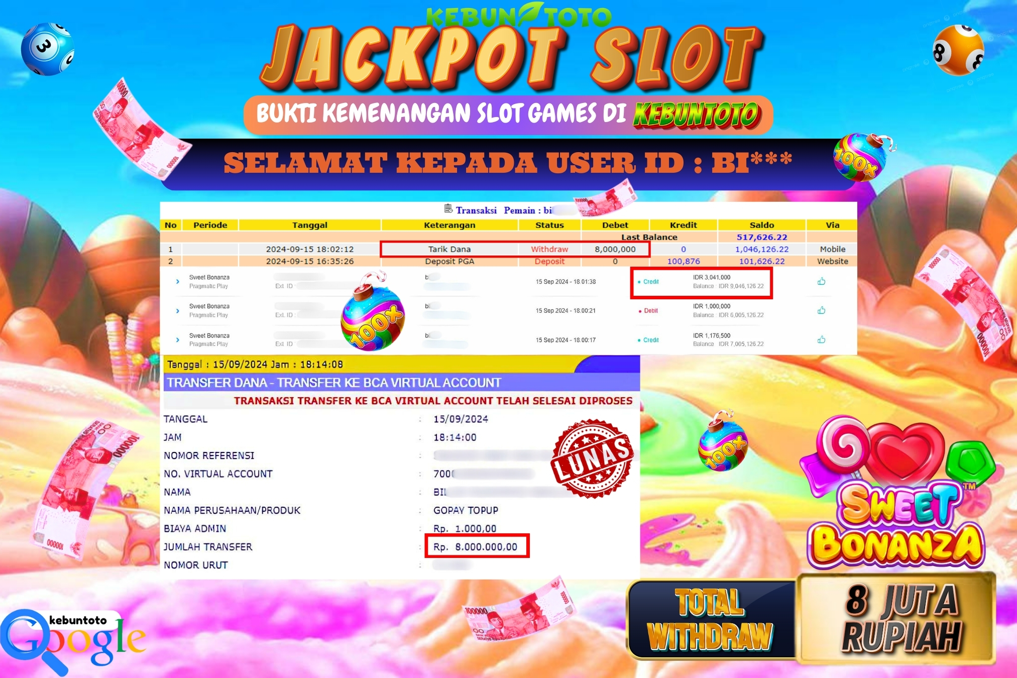 KEBUNTOTO JACKPOT SLOT SWEET BONANZA Rp.8.000.000,- LUNAS