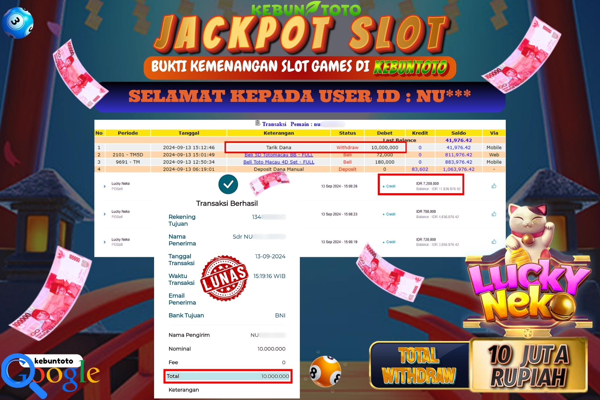KEBUNTOTO JACKPOT SLOT LUCKY NEKO Rp.10.000.000,- LUNAS