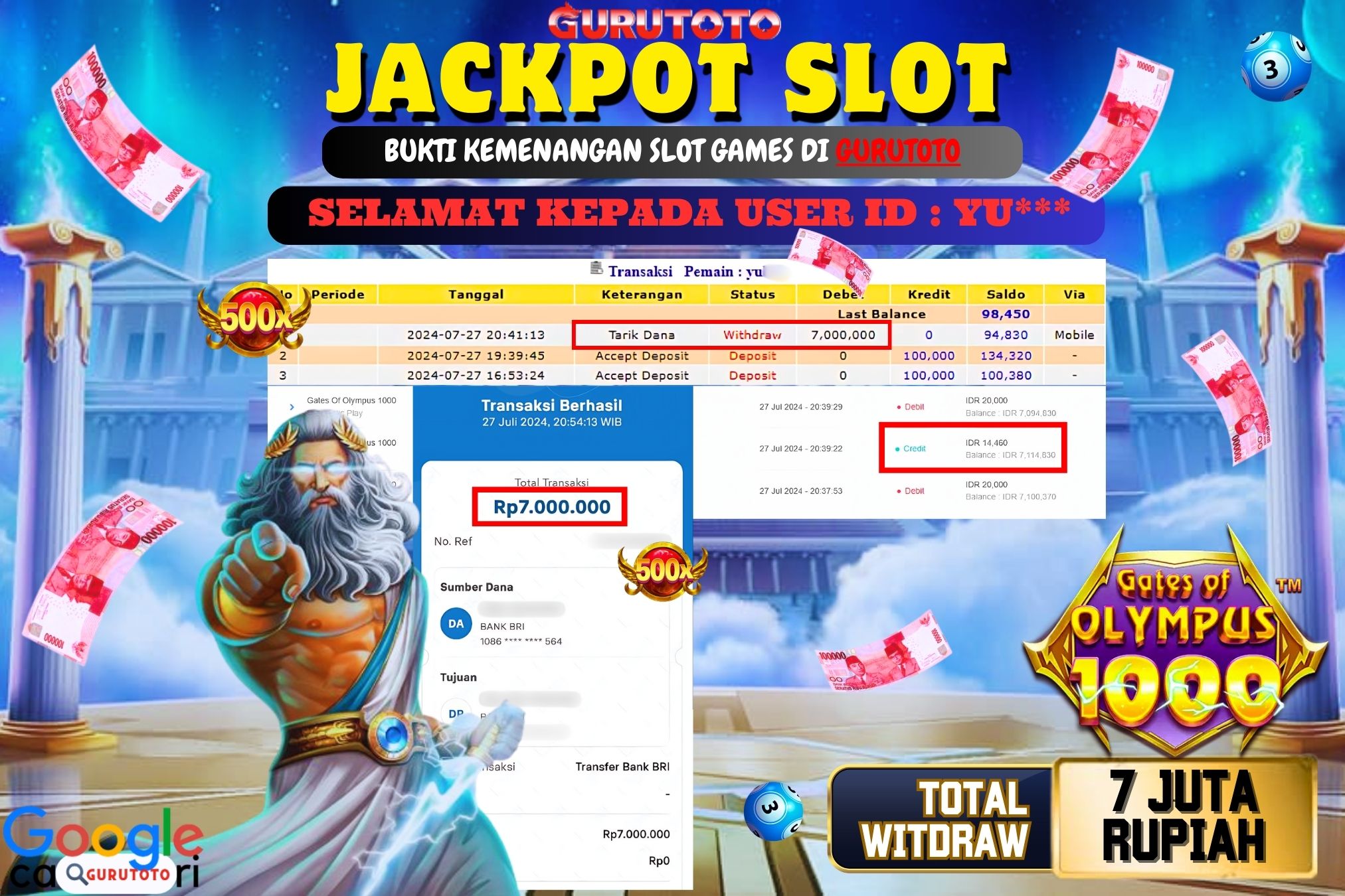 Jackpot Slot Gates of Olympus 1000 di Gurutoto sebesar Rp.7.000.000 dibayar lunas.