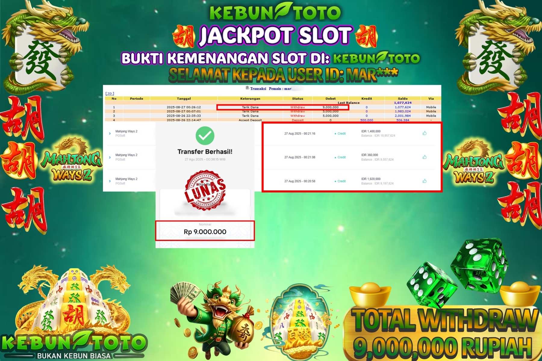 Bukti Kemenangan Rp 9.000.000 SLOT MAHJONG WAYS 2 di KEBUNTOTO!
