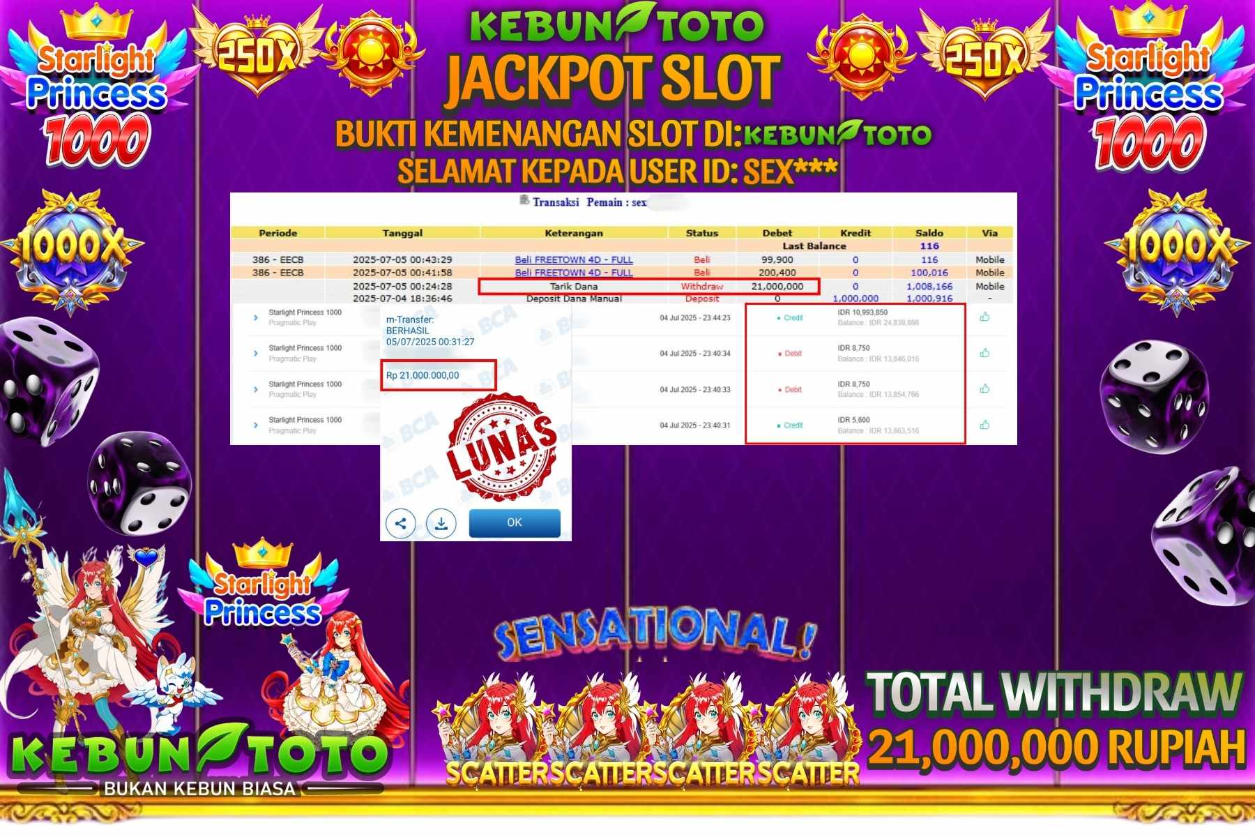 Bukti Kemenangan Rp 21.000.000 SLOT STARLIGHT PRINCESS 1000 di KEBUNTOTO!