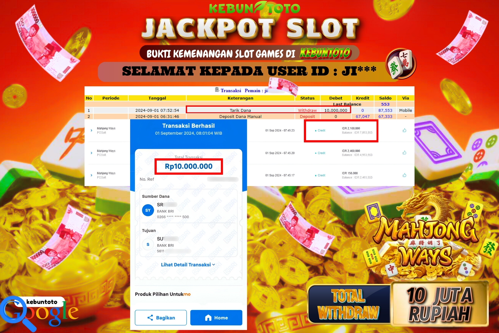 KEBUNTOTO JACKPOT SLOT MAHJONG WAYS Rp.10.000.000,- LUNAS