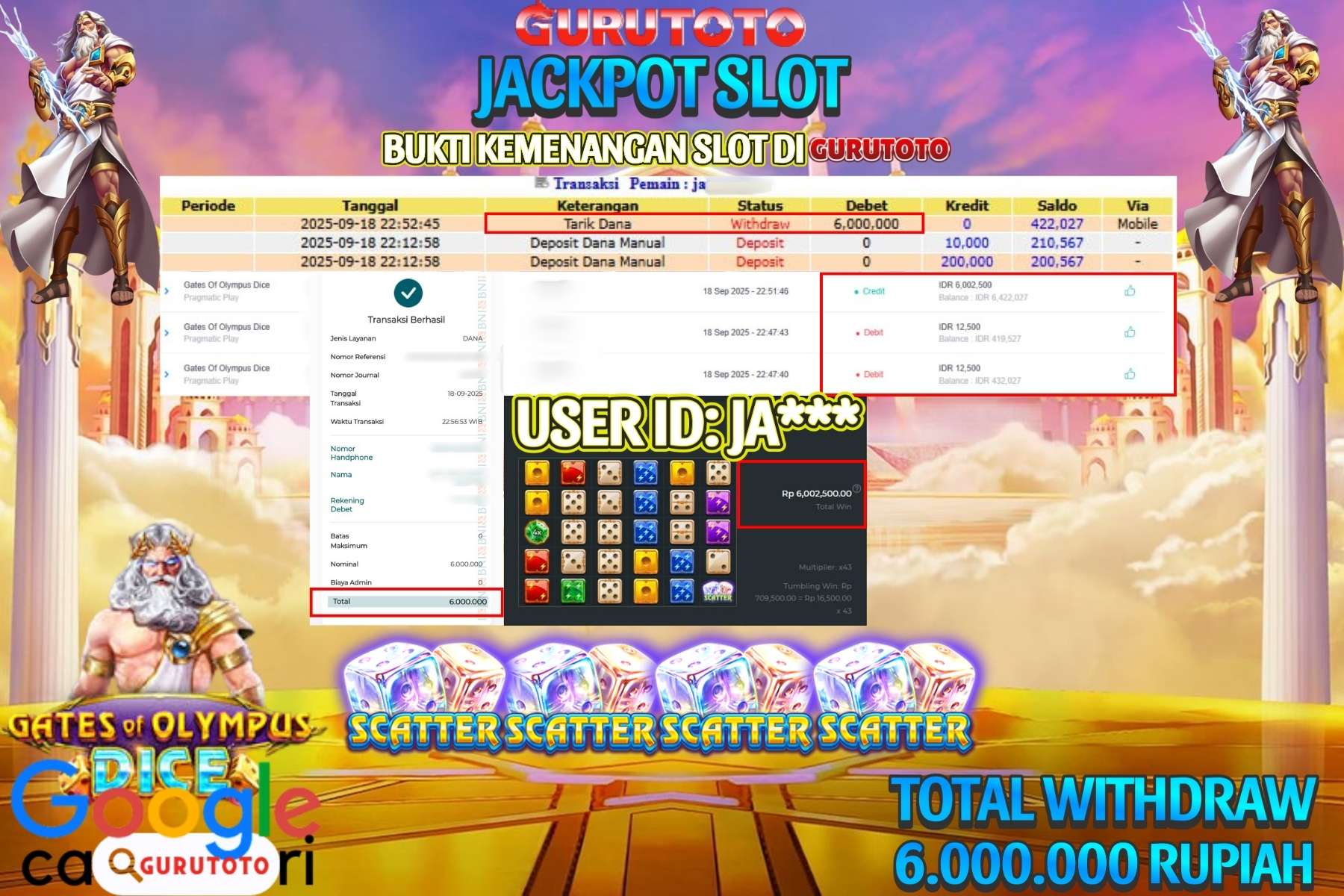 Bukti Kemenangan Rp 6.000.000 SLOT GATES OF OLYMPUS DICE di GURUTOTO!
