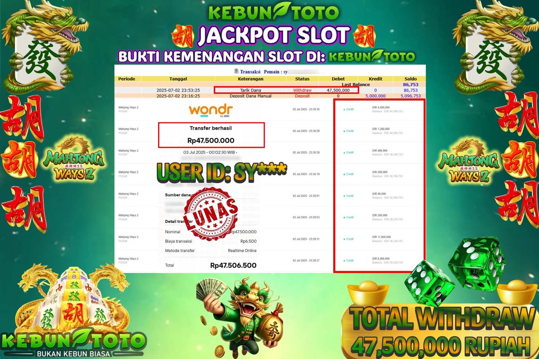 Bukti Kemenangan Rp 47.500.000 SLOT MAHJONG WAYS 2 di KEBUNTOTO!