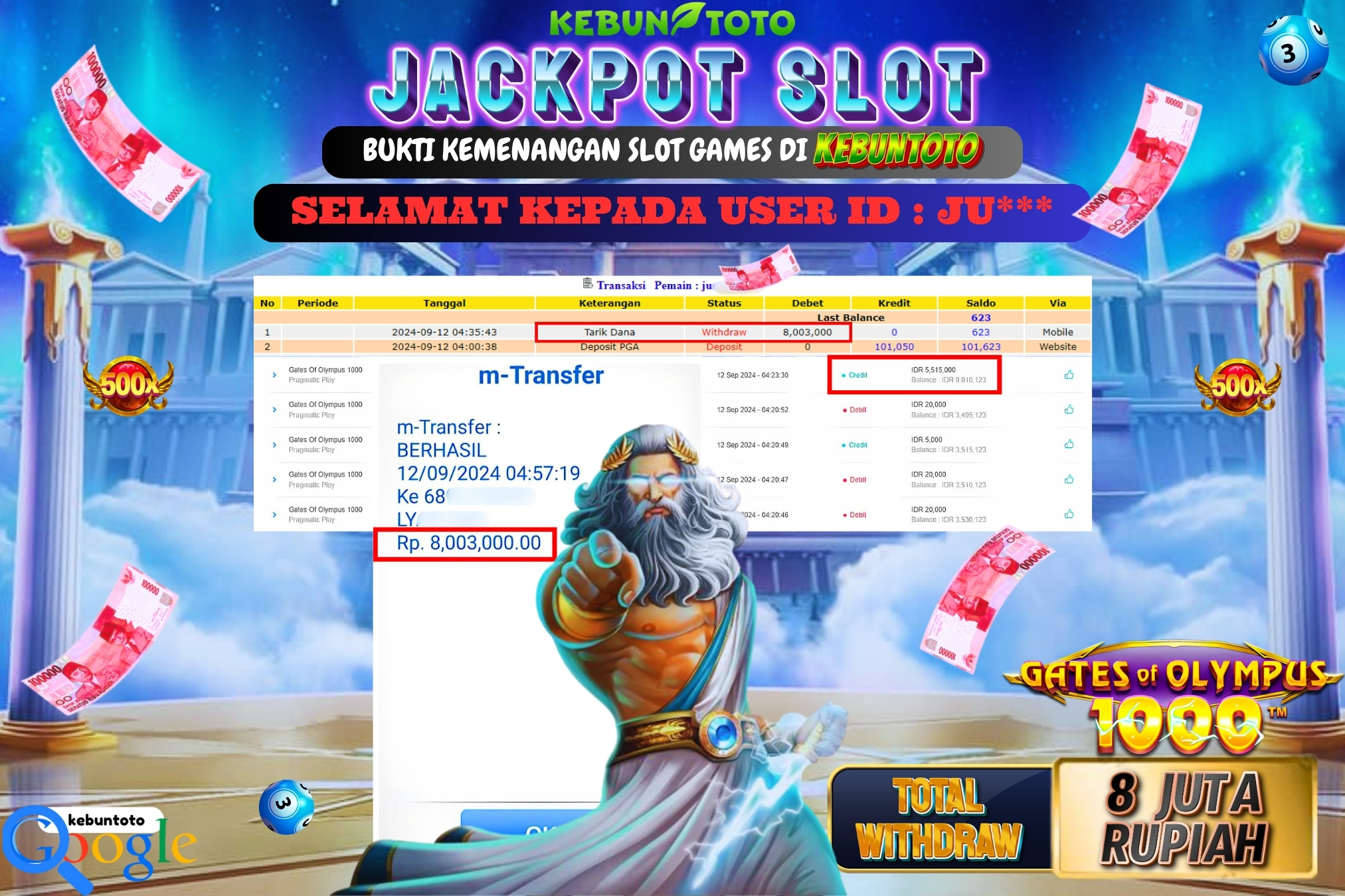 KEBUNTOTO JACKPOT SLOT GATES OF OLYMPUS 1000 Rp.8.003.000,- LUNAS