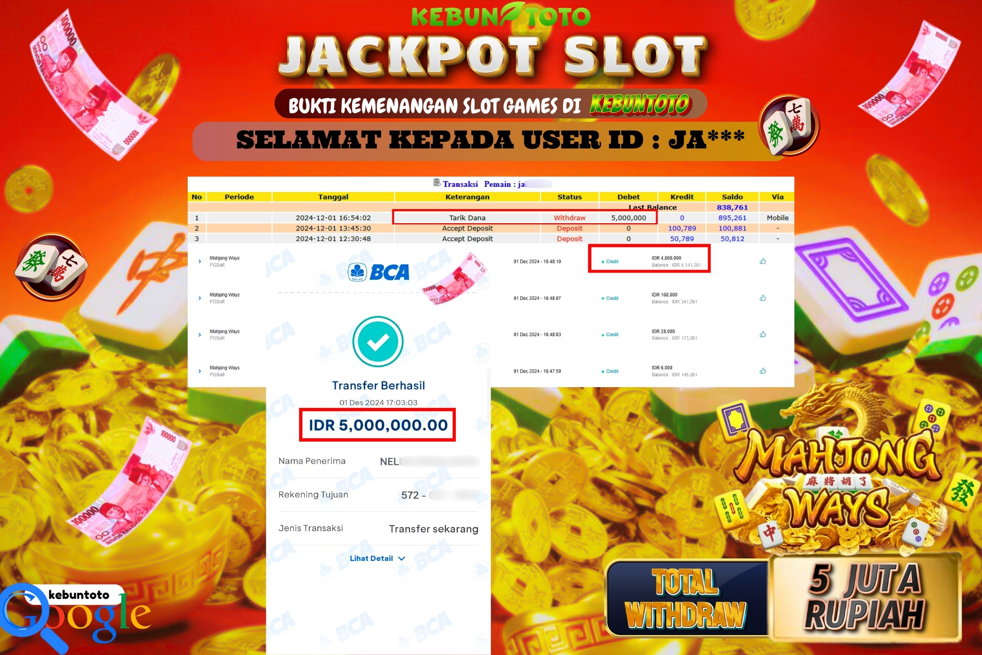 KEBUNTOTO JACKPOT SLOT MAHJONG WAYS Rp.5.000.000,- LUNAS