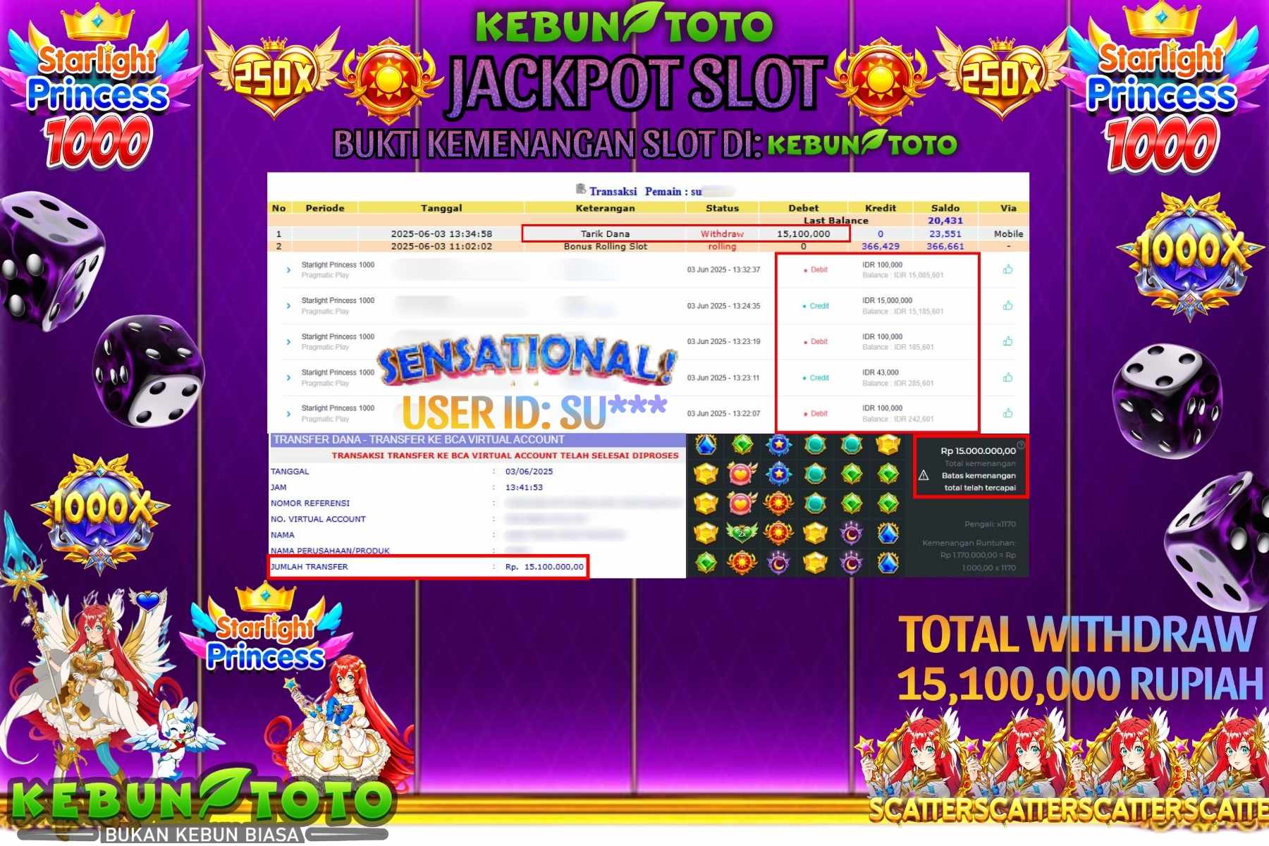 KEBUNTOTO JACKPOT SLOT STARLIGHT PRINCESS 1000 Rp 15.100.000,- LUNAS