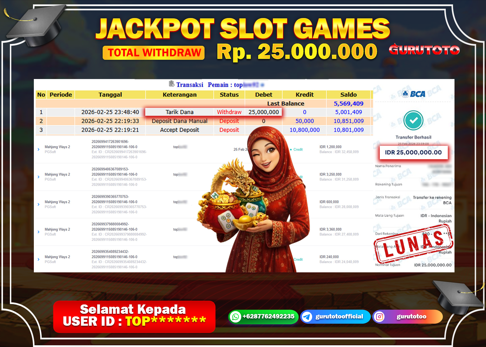 Bukti Kemenangan Rp 25.000.000 MAHJONG WAYS 2 di GURUTOTO !
