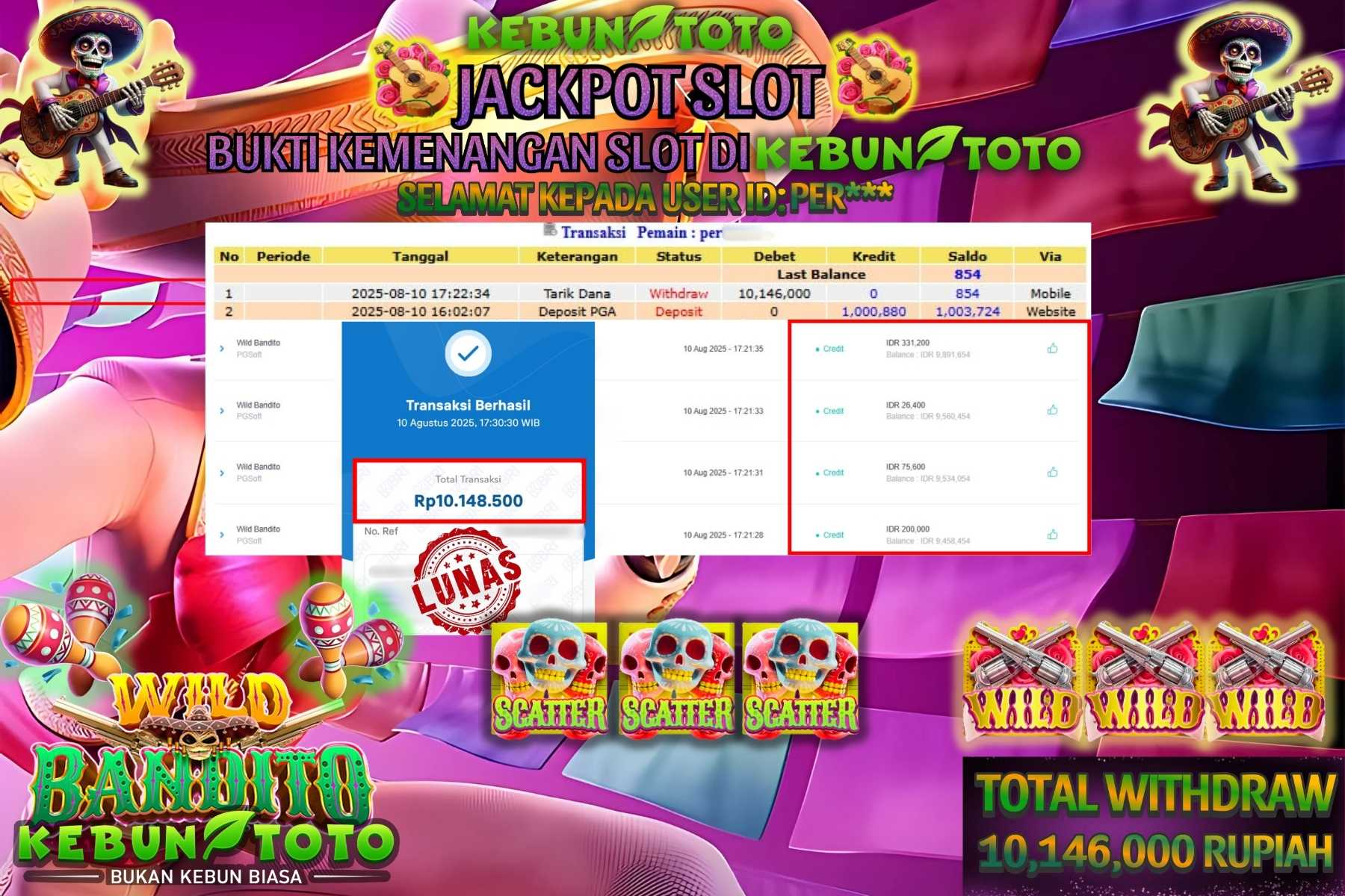 Bukti Kemenangan Rp 10.146.000 SLOT WILD BANDITO di KEBUNTOTO!