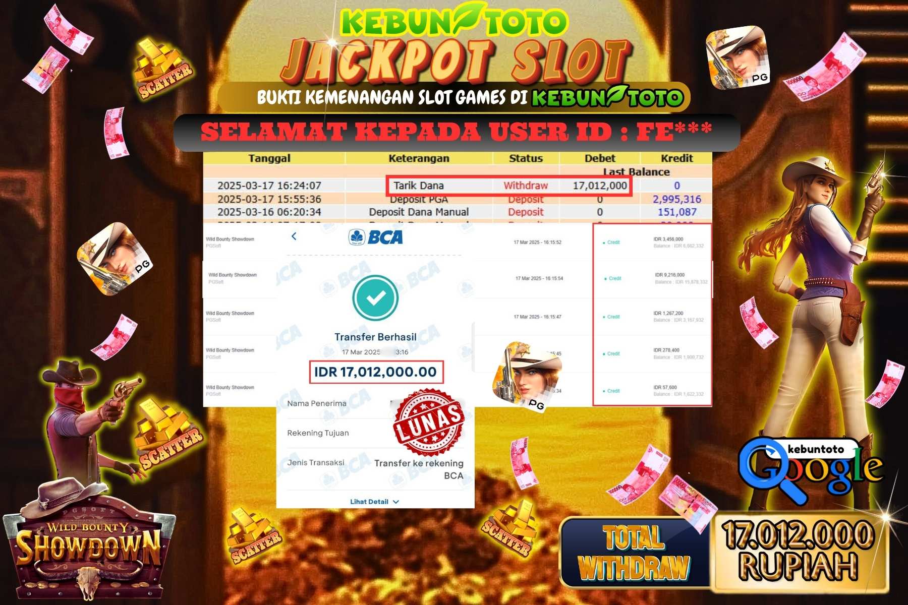 KEBUNTOTO JACKPOT, SLOT WILD BOUNTY SHOWDOWN Sebesar Rp 17.012.000,- LUNAS