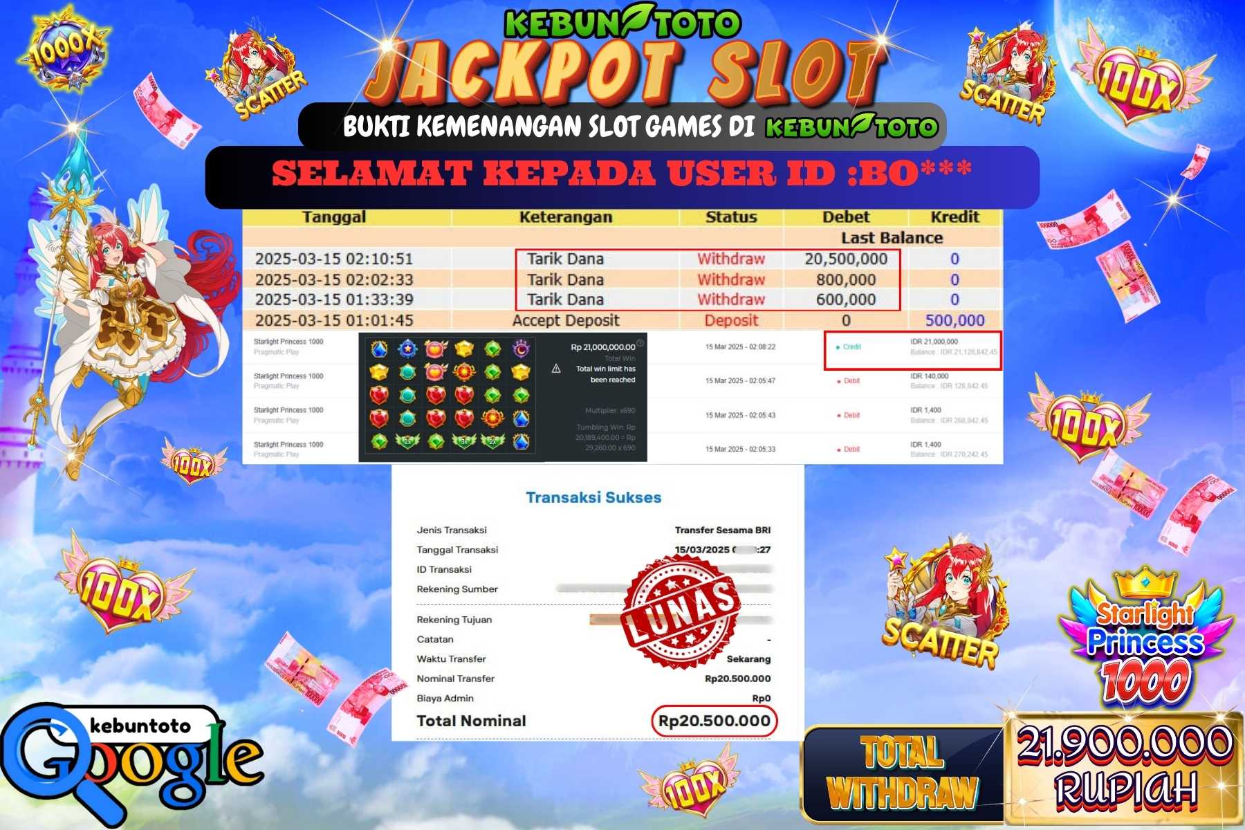 KEBUNTOTO JACKPOT, SLOT STARLIGHT PRINCESS 1000 Sebesar Rp 21.900.000,- LUNAS