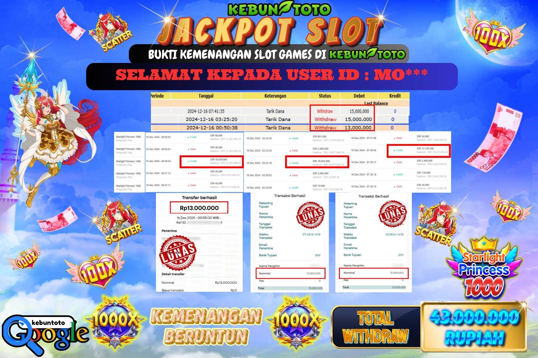 KEBUNTOTO JACKPOT SLOT STARLIGHT PRINCESS 1000 , Sebesar Rp.43.000.000,- LUNAS