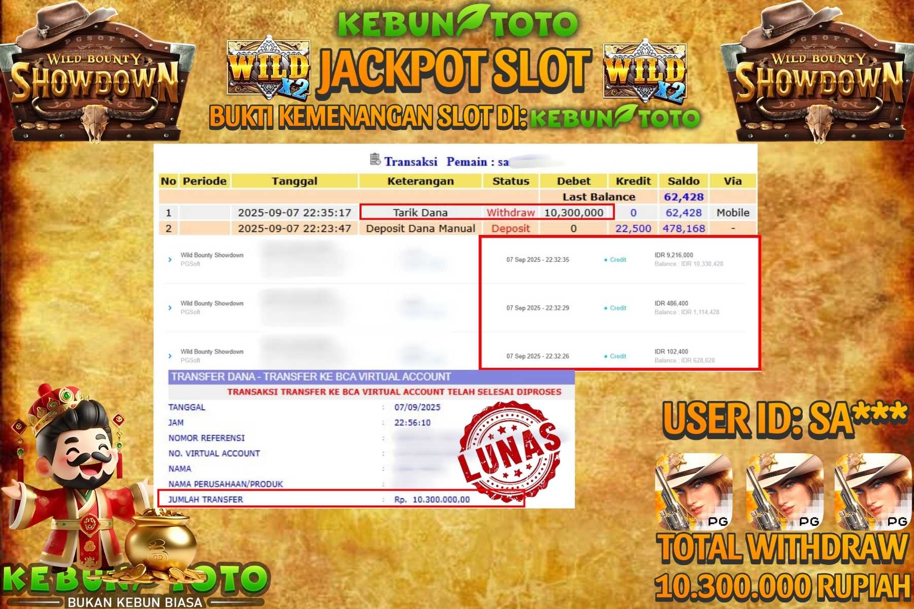 Bukti Kemenangan Rp 10.300.000 SLOT WILD BOUNTY SHOWDOWN di KEBUNTOTO!