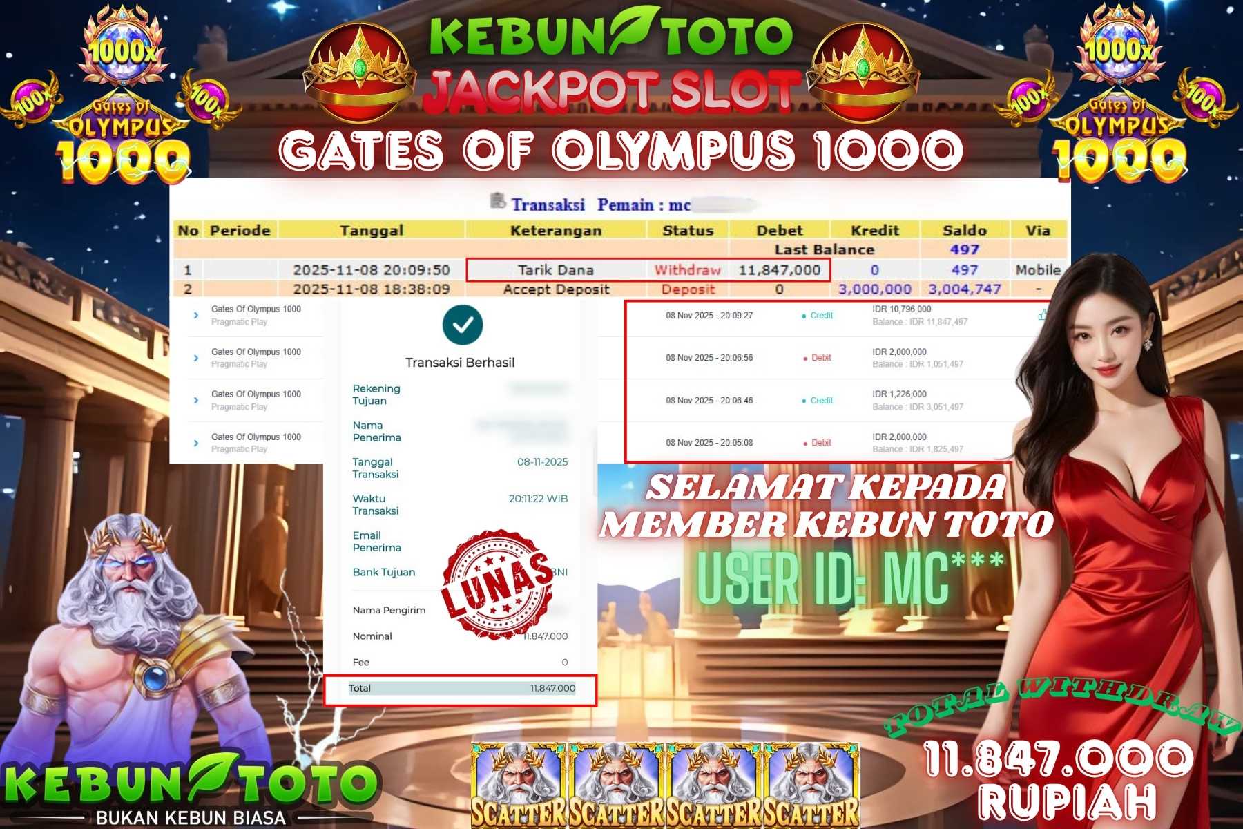 Bukti Kemenangan Rp 11.847.000 SLOT GATES OF OLYMPUS 1000 di KEBUNTOTO!