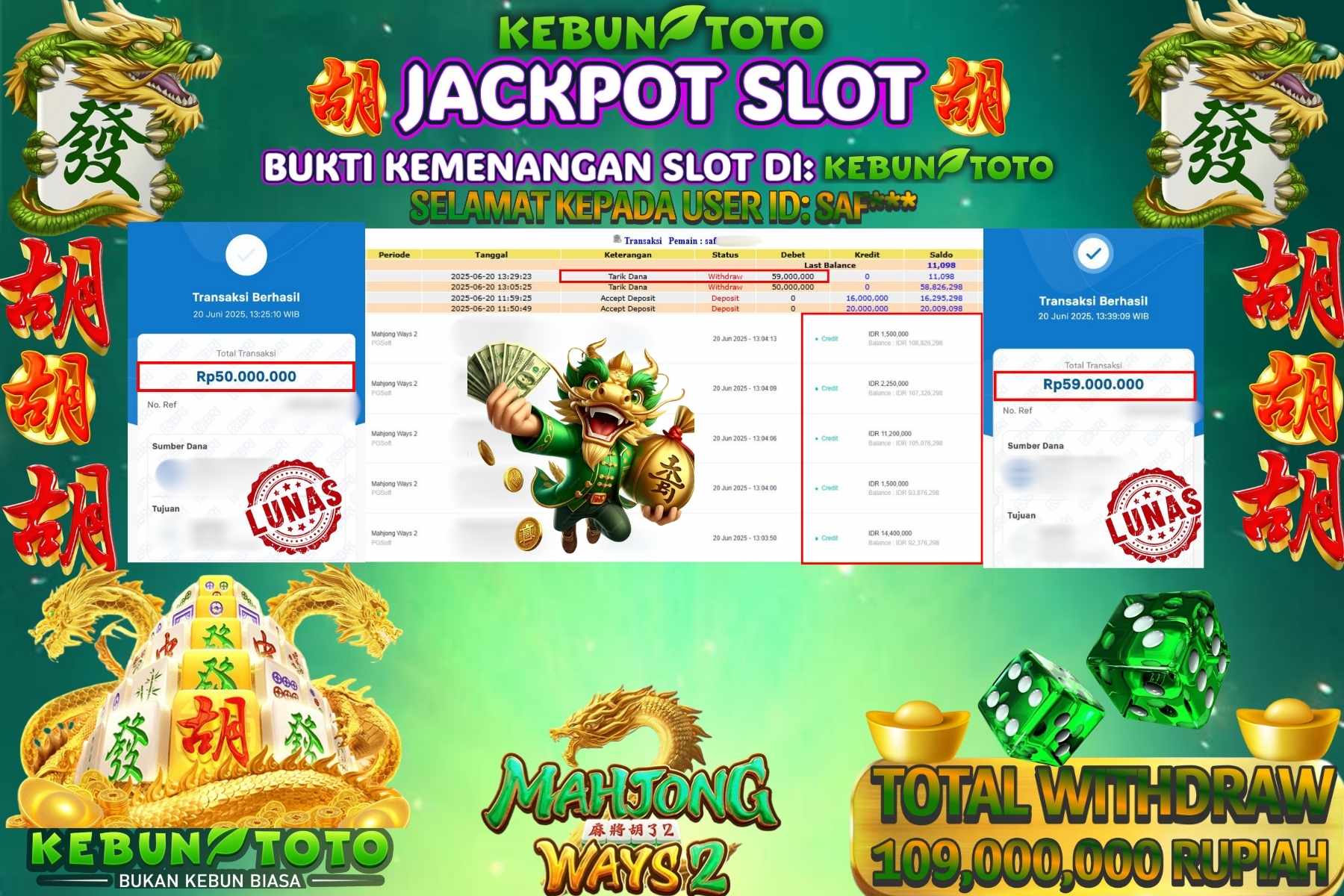 Bukti Kemenangan Rp 109.000.000 SLOT MAHJONG WAYS 2 di KEBUNTOTO!